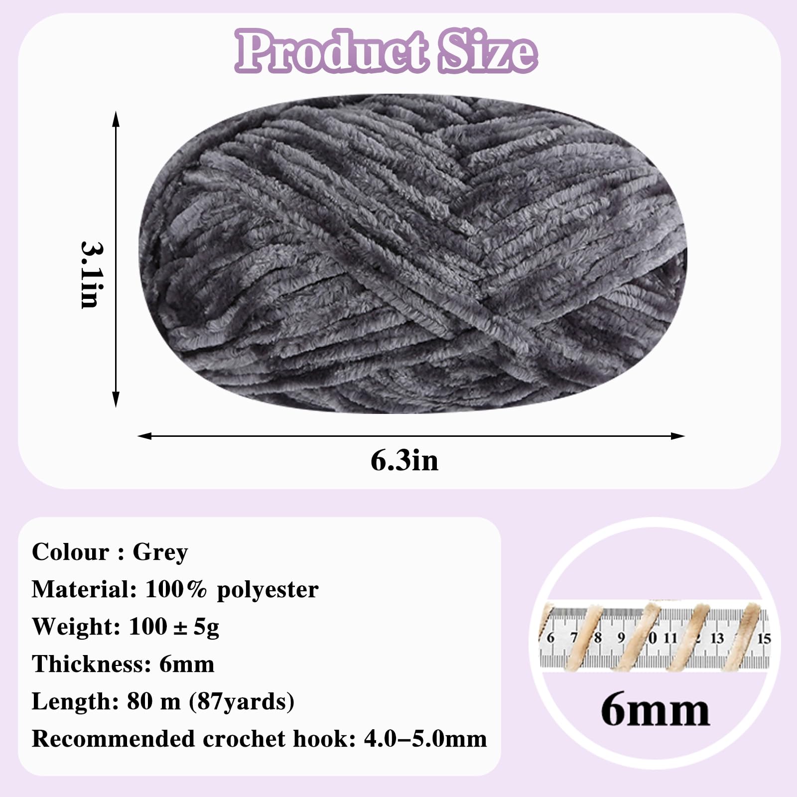 4 PCS 400g Soft Chenille Velvet Yarn for Crocheting and Knitting, Warm Yarn for DIY Crafts - Blanket, Bag, Hat, Scarf, Gloves, Slippers, Doll (Grey)