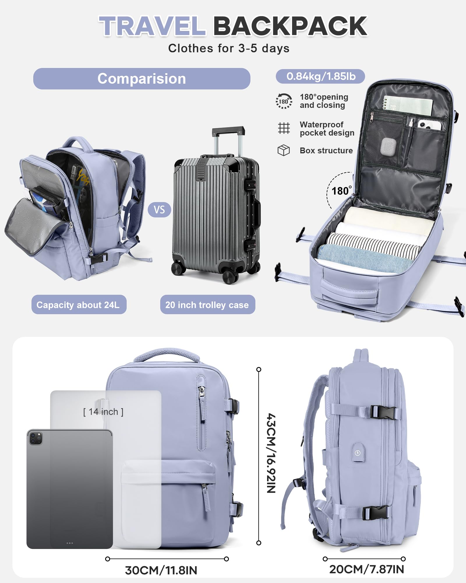 BJLFS Borse da Cabina per Ryanair 40×20×25 Zaino da Viaggio con Sottovuoto Bagaglio a Mano Easyjet 45×36×20,Zaino con sistema di compressione,Zaino Casual per laptop da 14 pollici per scuola