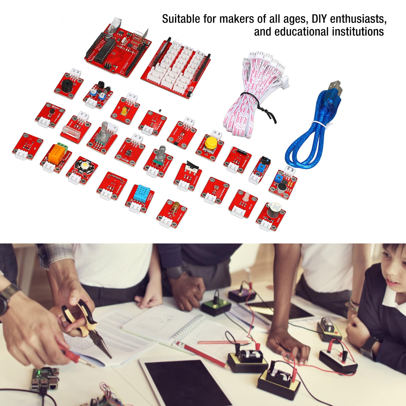 Cocoarm Kit Didattico per Scheda di Sviluppo, Kit Didattico per Programmazione ABS con Software Grafico, Sensori Multipli, Modulo LED e Cavi, per Studenti Principianti Educazione Fai-da-te