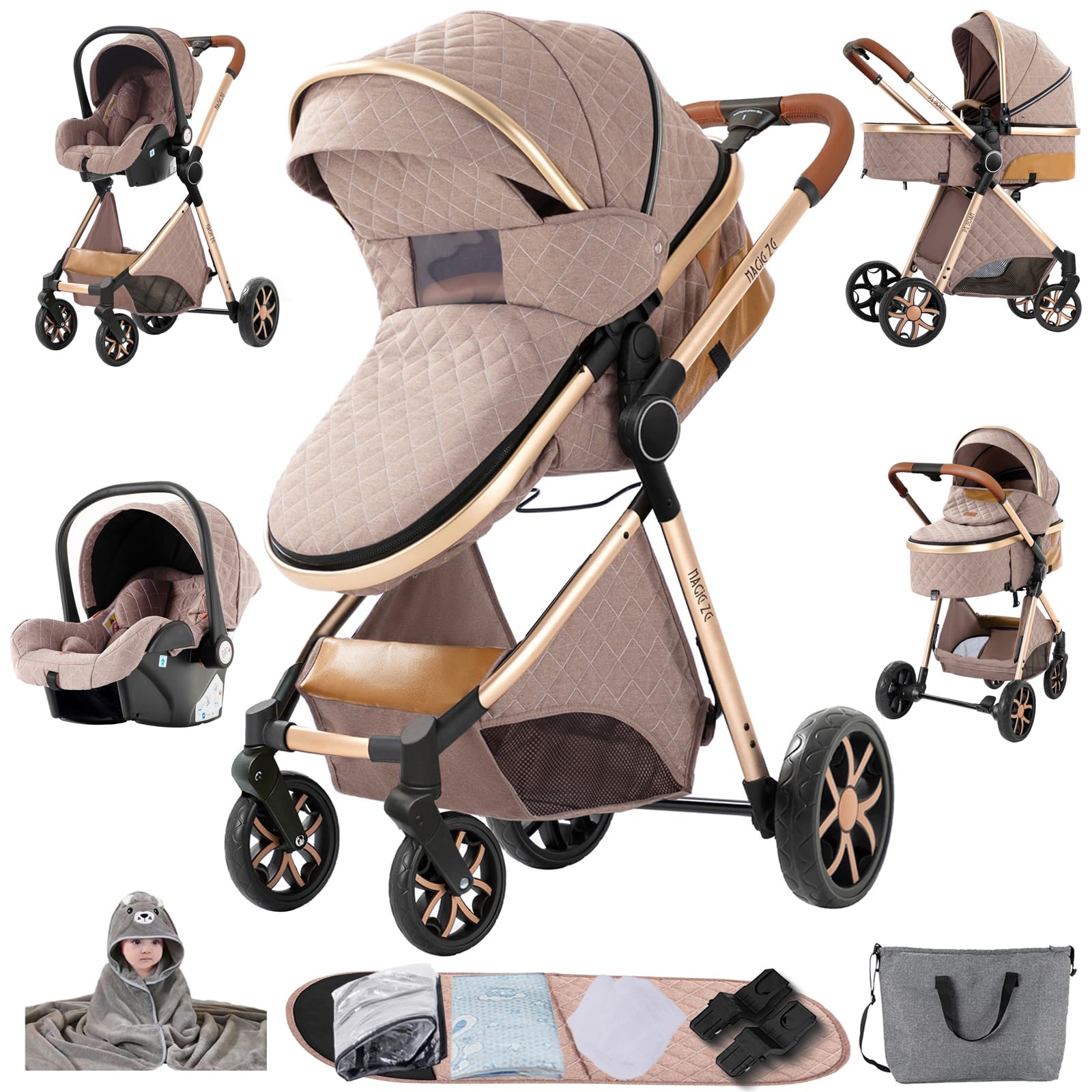 Passeggino 3 in 1 Trio Neonati, Tessuti di Alta Qualità Carrozzina per Neonato, Spinta Bidirezionale Passeggino Reversibile, Visione Aperta Passeggini Trolley (YV9 Khaki)