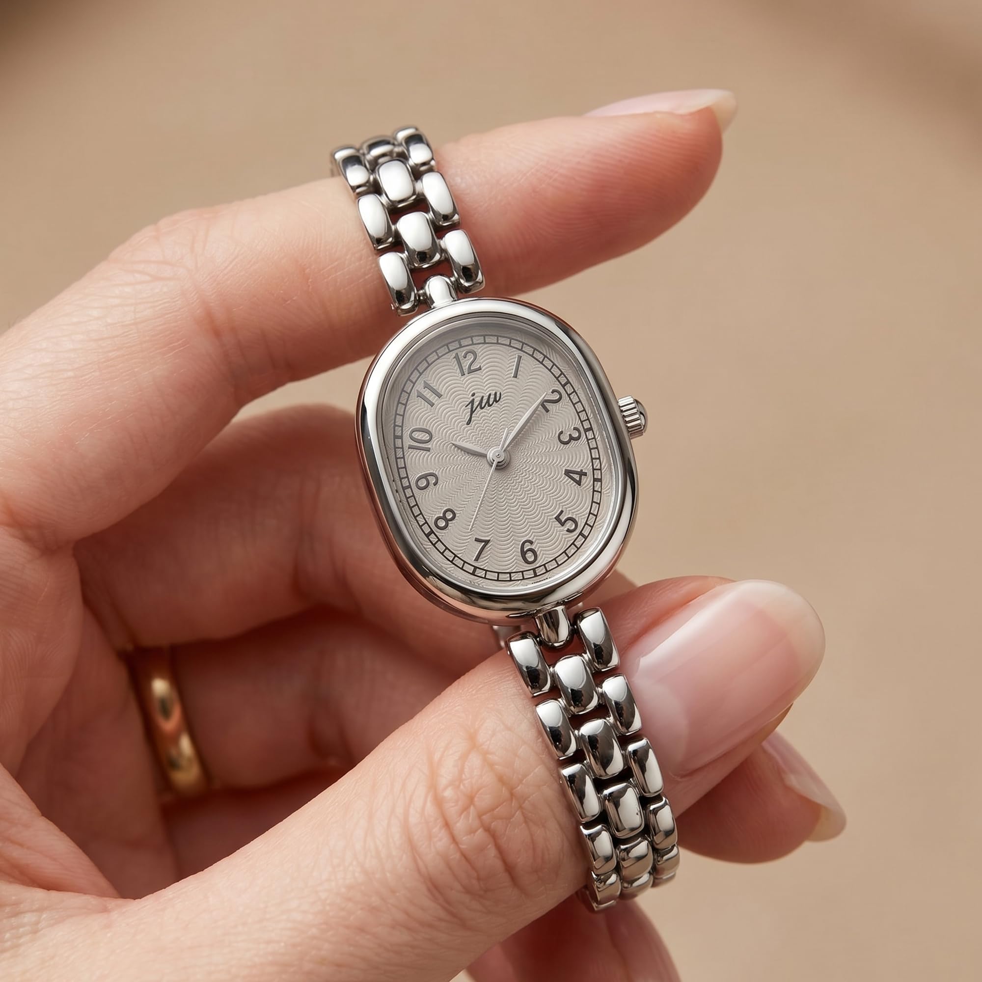 Orologio da polso da donna, dorato, piccolo, ovale, delicato
