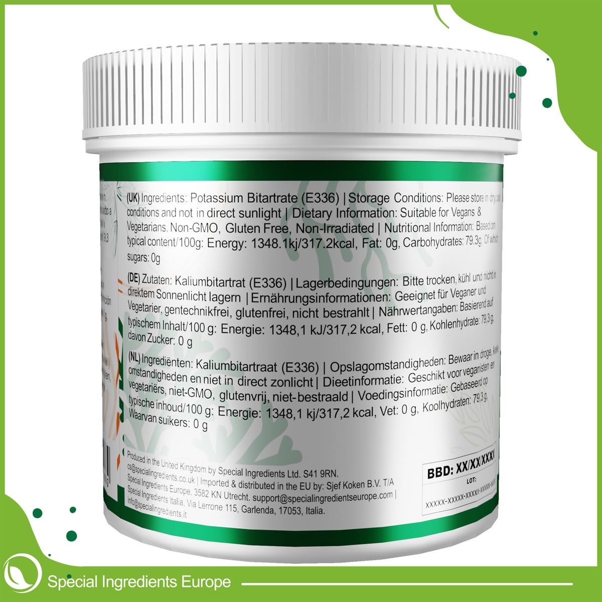 Special Ingredients Weinstein Backpulver (Kaliumtartrat) - Premium-Qualität, geeignet für Veganer, GVO-frei, glutenfrei (250 g)