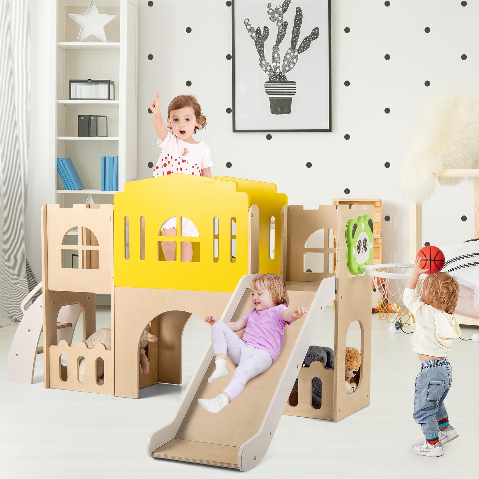 COSTWAY 7-in-1 Kinder Rutsche, Kinderrutsche mit Kletterleiter & Basketballkorb & Tunnel & Stauraum, Klettergerüst Indoor, Holz Spielplatz für Kinder ab 3 Jahren
