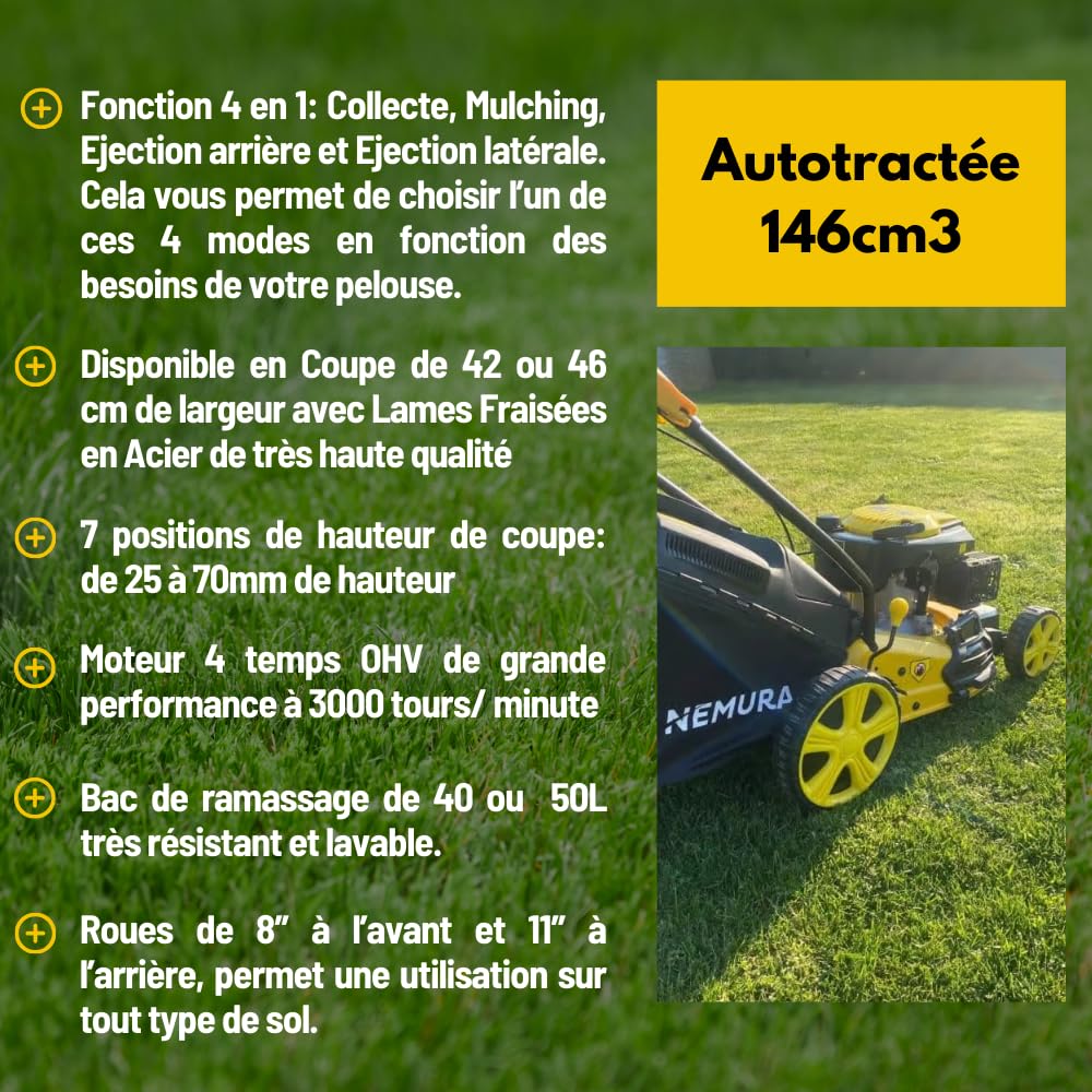 Nemura Tondeuse Thermique Autotractée 146cm3 à Essence pour Pelouse - Fonction Mulching - Hauteur de Coupe 7 Positions - Démarrage Facile - Outillage Jardin - Marque Française
