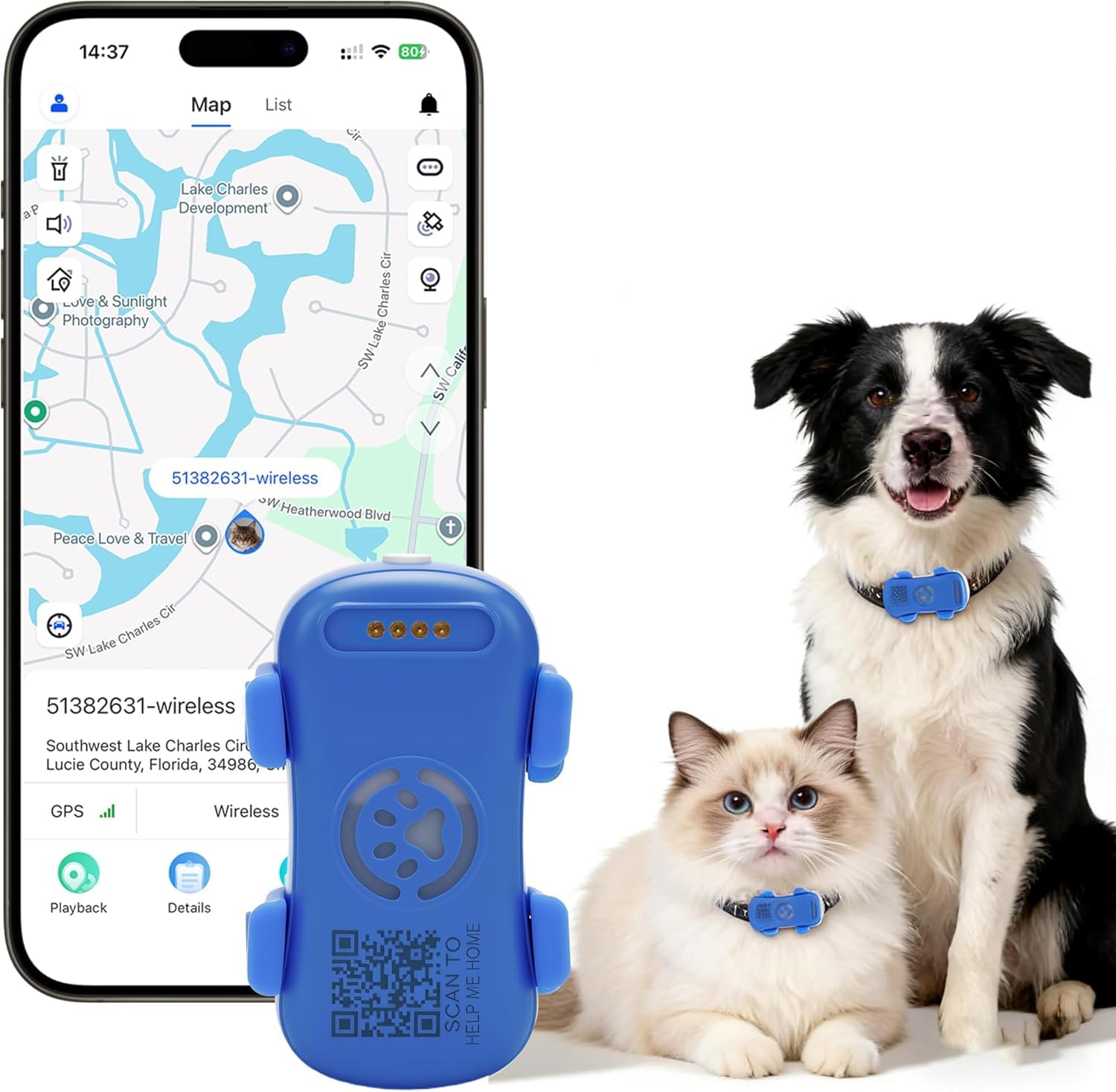 GPS Tracker for Dogs with Activity and Wellness Monitoring, Real-time Tracking Pet GPS Location Tracker, Waterproof，Location History, Geofence, Long-Life Battery, Subscription Needed