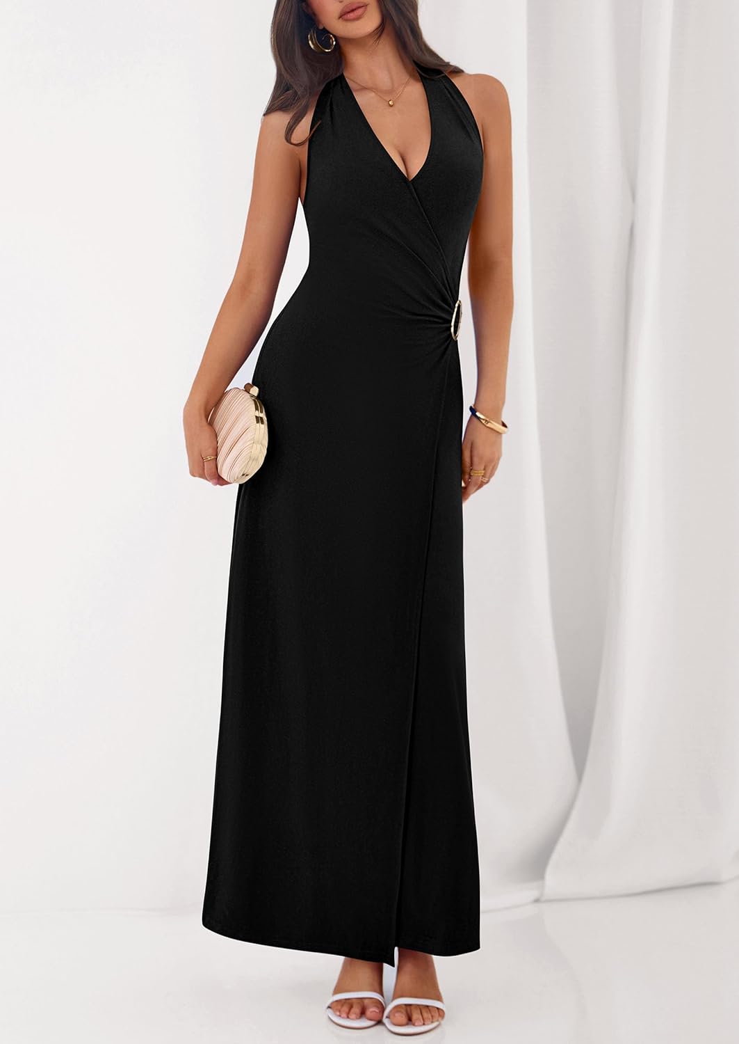 PRETTYGARDEN Halter Dresses for Women 2026 Elegant Classy Spring V Neck Tie Backless Summer Wedding Guest Cocktail Midi Dress - Image 7