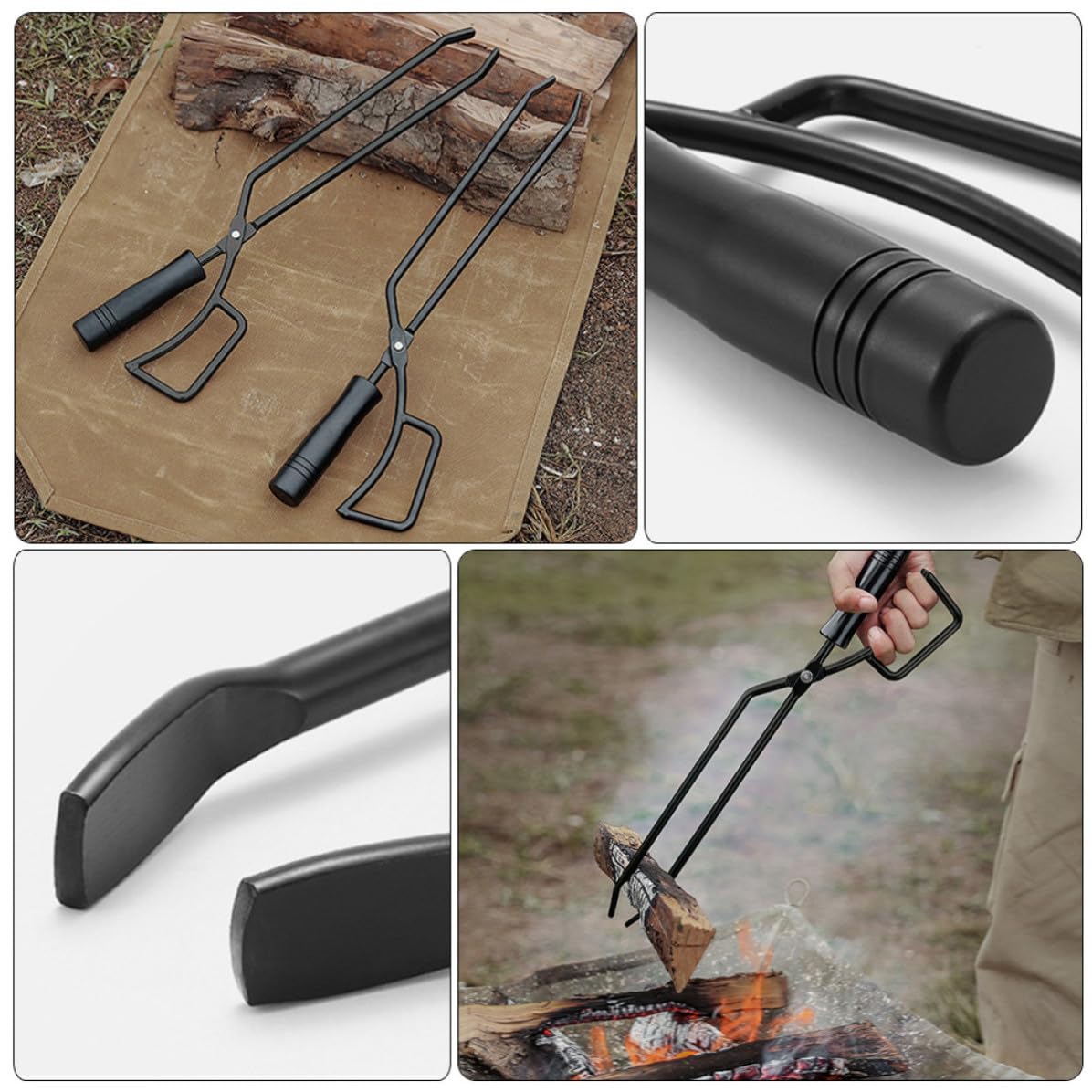 MAGICLULU Pinza per Carbonella in Ferro e Legno Nero, Utensile Barbecue Pratico e Stabile per Camping e Grigliate in Giardino