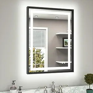 TETOTE 24 x 32 Bathroom LED Mirror Brushed Black Metal Frame Frontlit & Backlit Vanity Mirror Anti-Fog Stepless Dimmable 3 Colors White/Warm/Natural Mirror with Lights Wall-Mounted