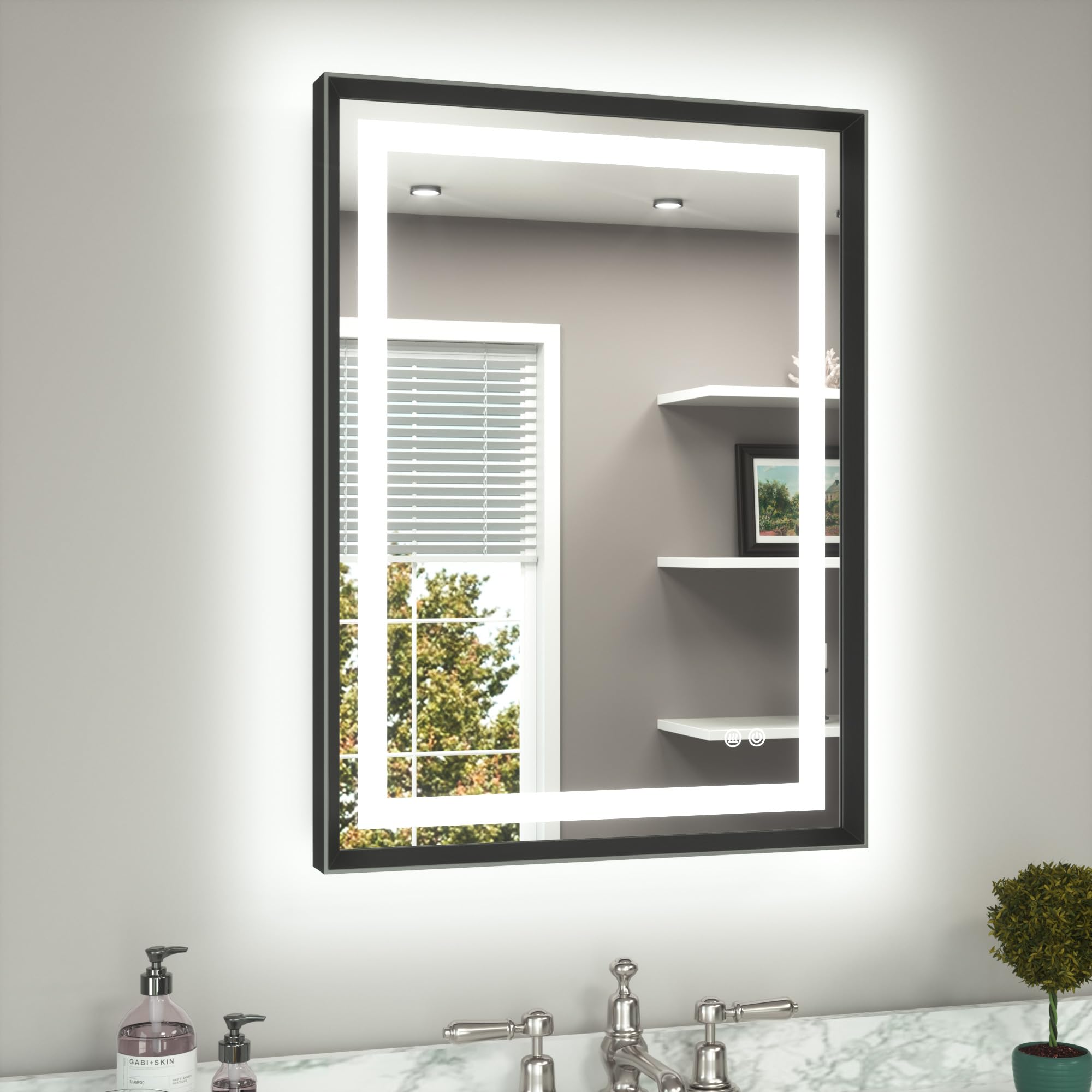 TETOTE 24 x 32 Bathroom LED Mirror Brushed Black Metal Frame Frontlit &amp; Backlit Vanity Mirror Anti-Fog Stepless Dimmable 3 Colors White/Warm/Natural Mirror with Lights Wall-Mounted