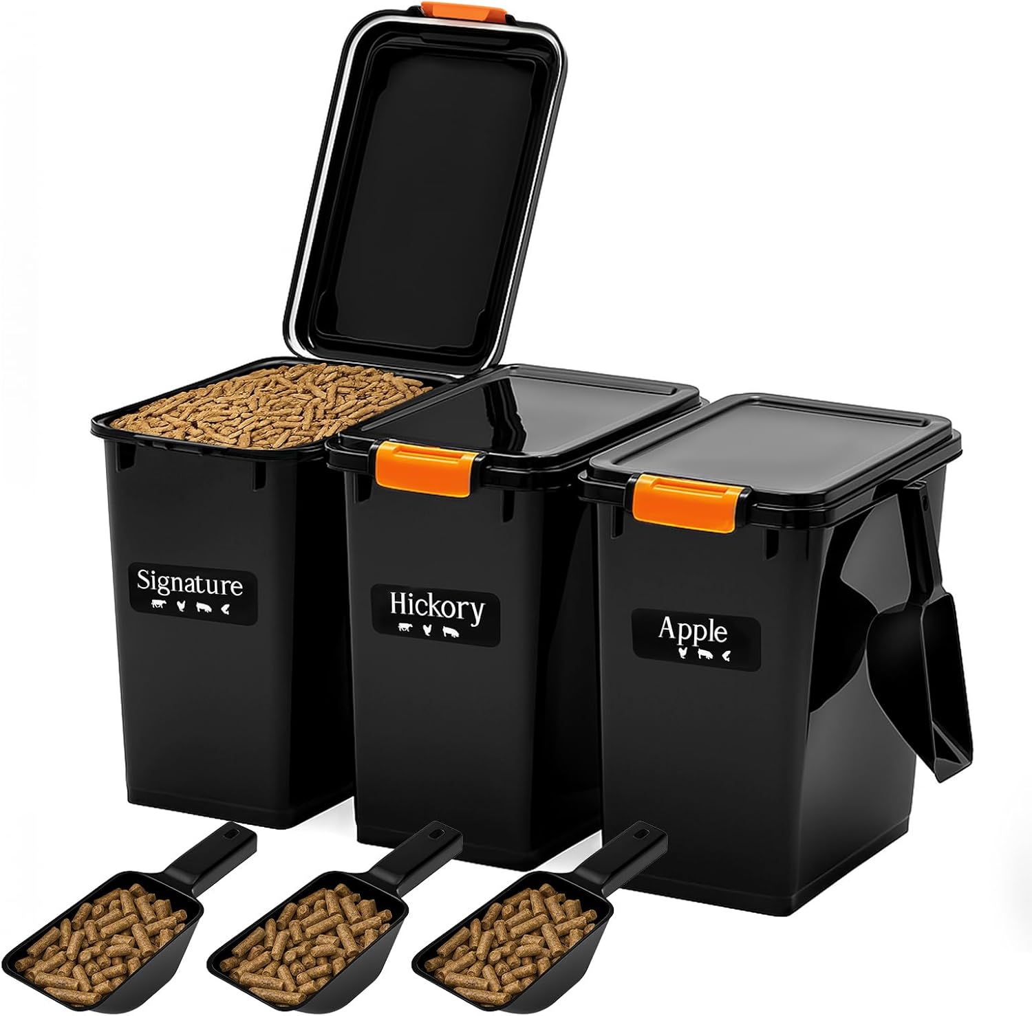 Maxdot 3 Sets 22lb Dry Pellet Storage Bin Kit with Scoops and Labels Grill Accessories Wood Pellet Storage Containers with Flavor Stickers Airtight for Grill Pellets