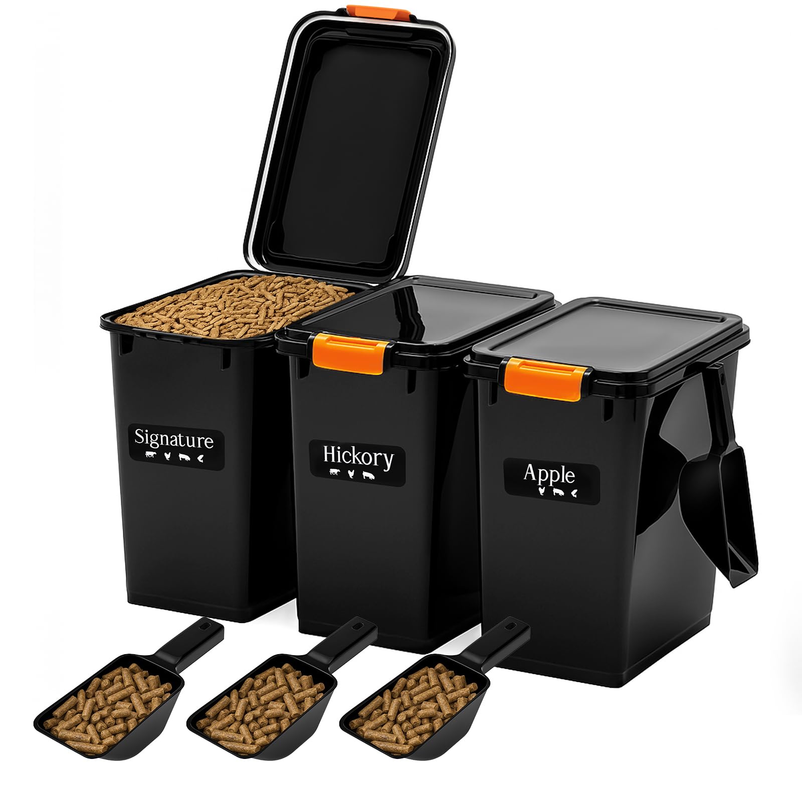 Maxdot Set di 3 contenitori secchi per pellet da 15 kg, con palette ed etichette, accessori per griglia, contenitori per pellet di legno, con adesivi aromatici, ermetici per pellet per grill