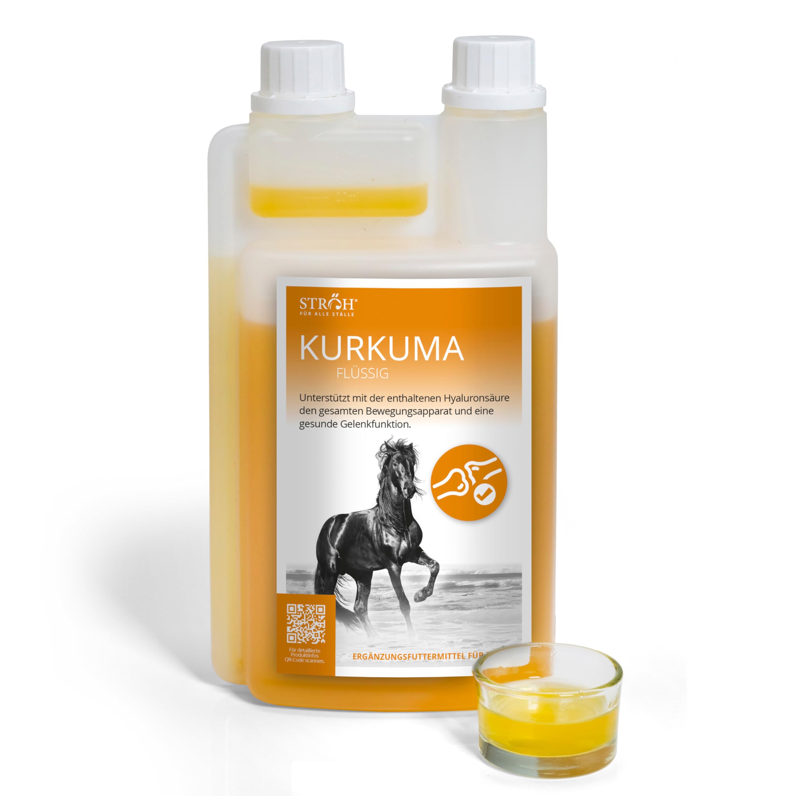 STRÖH Curcuma pour chevaux (flacon doseur de 1 l) • Pour une fonction articulaire saine chez le cheval • Renforce le cartilage, les ligaments, les articulations et les tendons