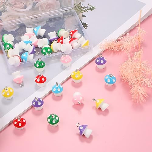Miniatura 5 de BENBO 36 dijes de hongo, mini resina en forma de hongo, joyería para encontrar dijes coloridos de hongos con caja para bricolaje, pulseras, aretes,