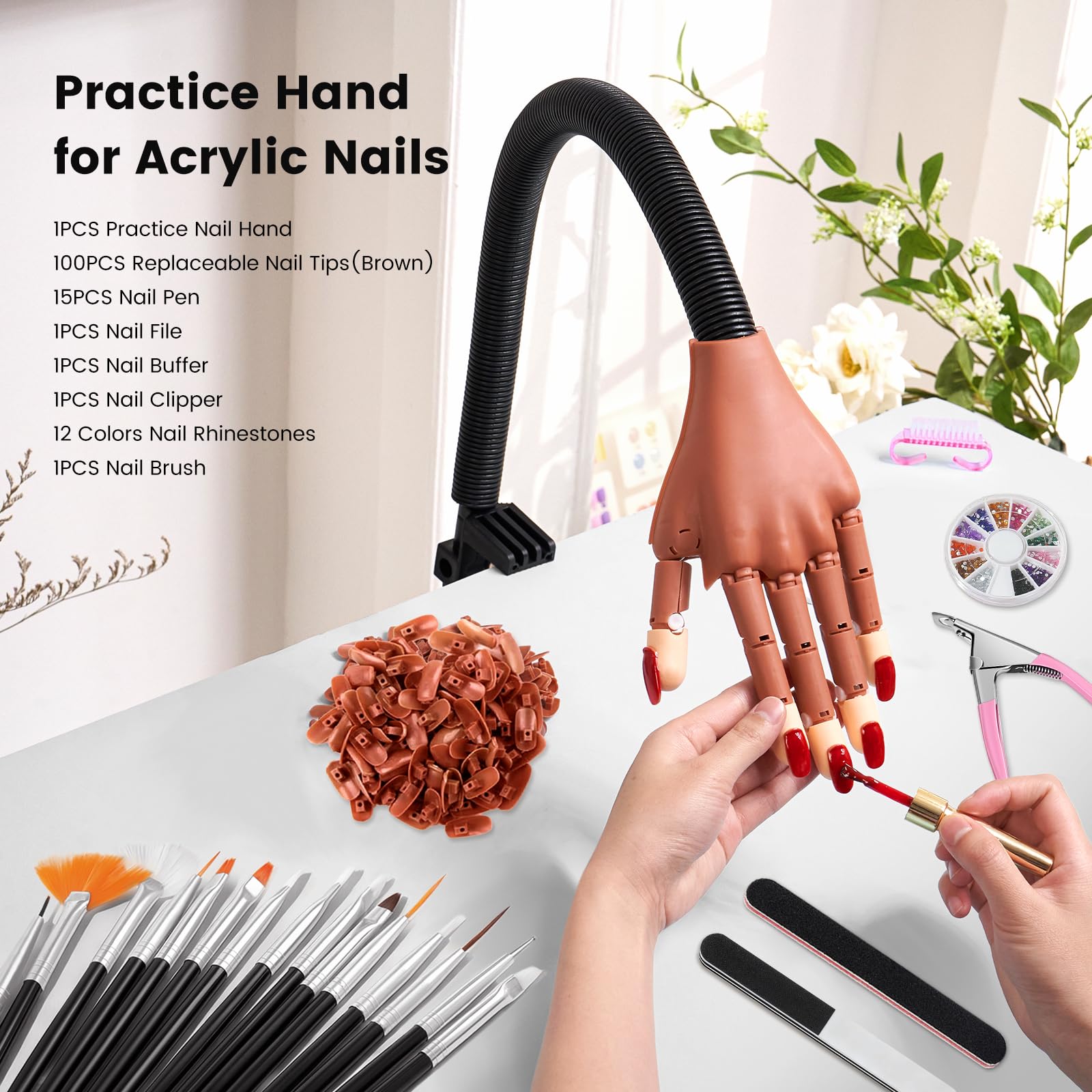 Deciniee Übungshand für Nageldesign - Flexible Nagelübungshand mit 100 Stück Nagelspitzen/15 Nagel Pinsel/Nagelfeile/Strasssteine Nägel - Nagelhandübungsmodell- Acryl Nagel-Set für Nagelmaniküre