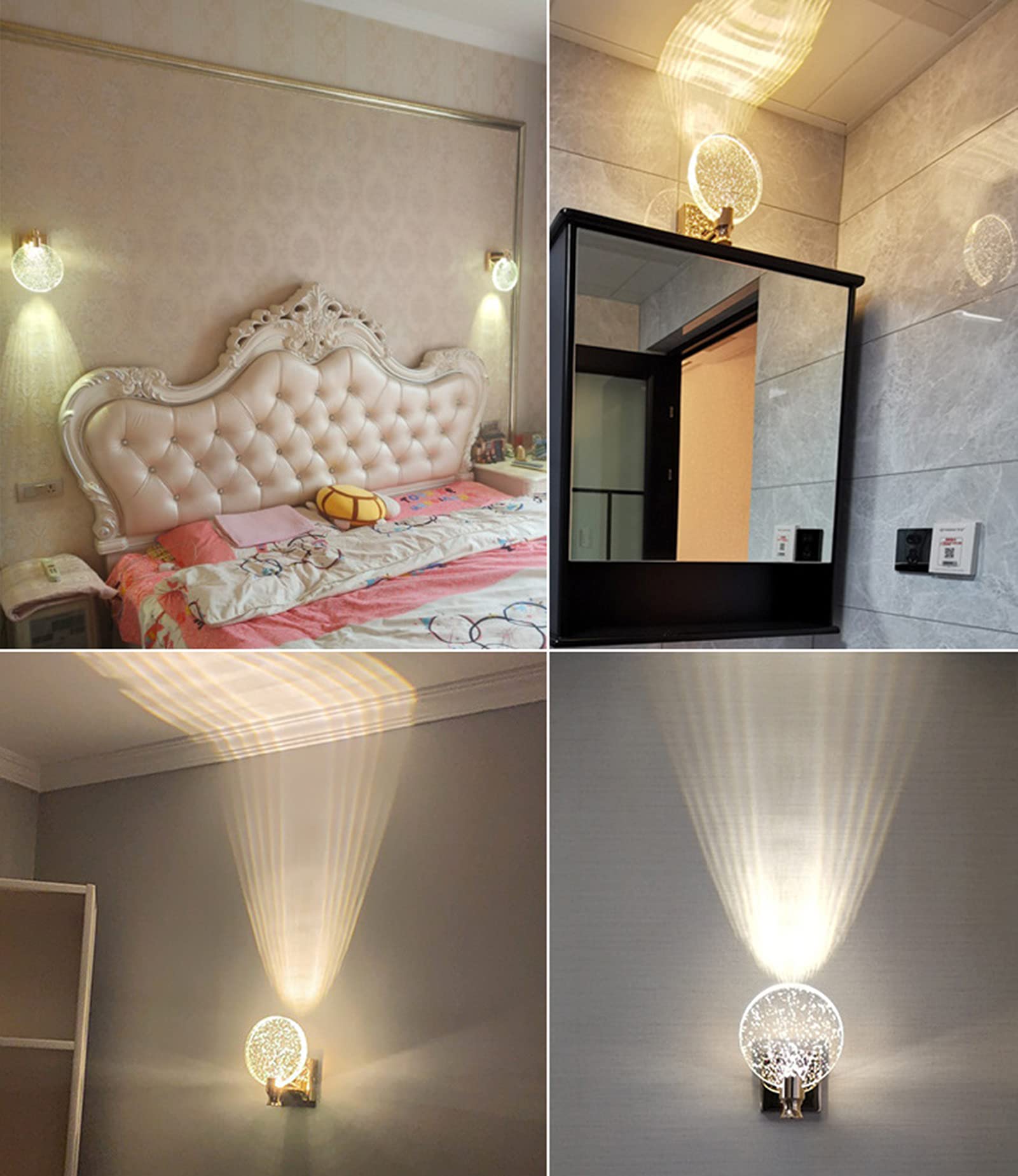 Rund LED Kristall Wandleuchte für Wohnzimmer Schlafzimmer Flur | Kristallblasen-Design, 3 Farbtemperaturen, Vintage Wandlampe Kristall für Nachttisch Badezimmerwaschtisch, Silber, Klein