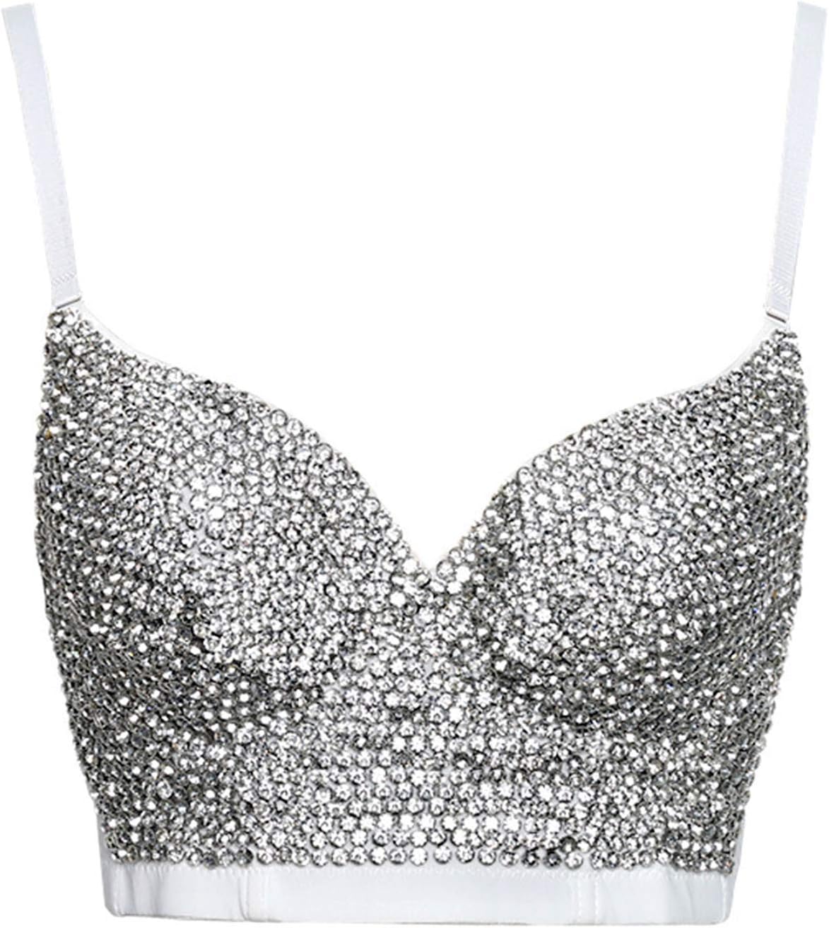 meilun Women's Glitter Rhinestone Bustier Clubwear Sexy Punk Diamond Push Up Corset Bra