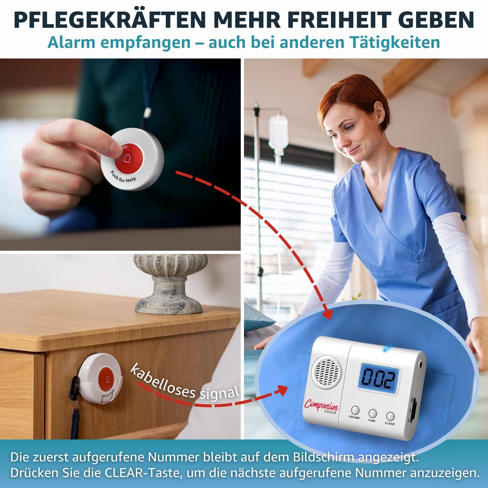 Pflege-Pager mit LCD Anzeige und 6 Rufknöpfen Funk Notrufsystem für Senioren Zuhause Patienten Demenz Altenpflege Schwesternruf SOS Alarmtaster Bettalarm
