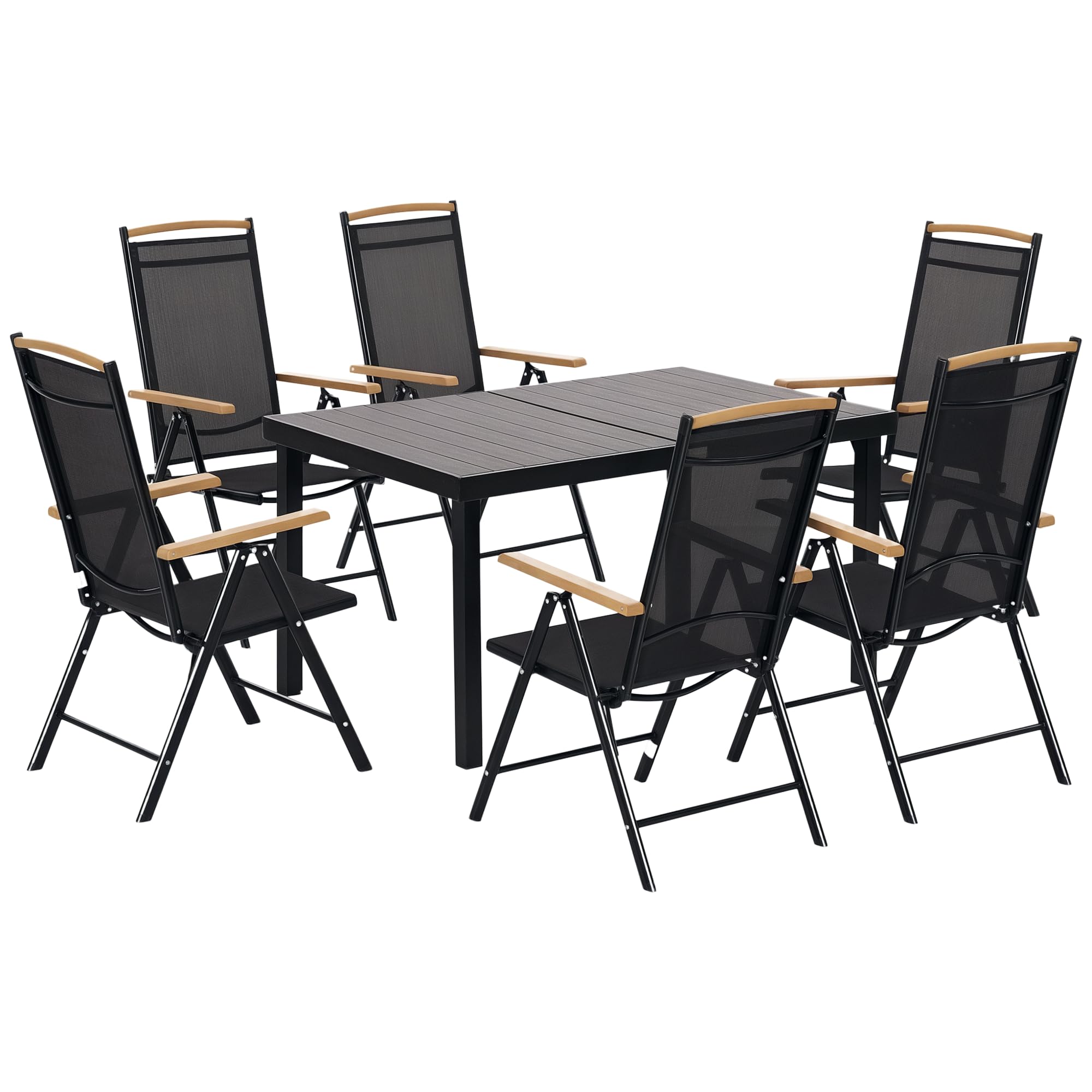 Outsunny Salon de Jardin extérieur 6 Personnes, Table de Jardin extérieure avec 6 chaises, Cadre en Aluminium, chaises Pliables et inclinables, mobilier de terrasse, Patio, Noir