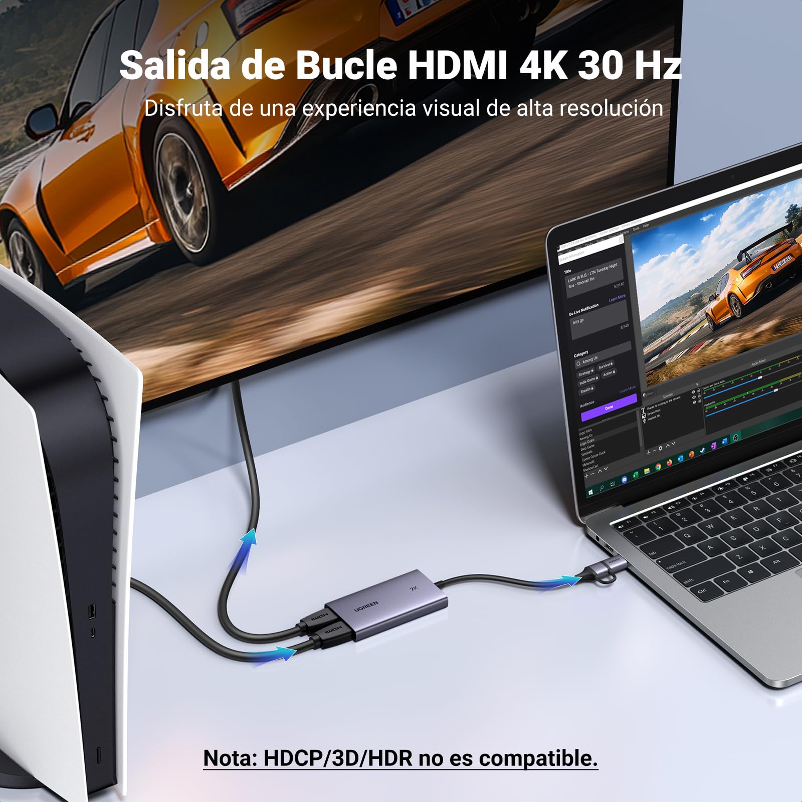 UGREEN Capturadora Vídeo HDMI Entrada 4K 30Hz Captura 2K 30Hz HD Capture Card per Streaming Gaming OBS Paso de señal 4K Compatibile con PC Switch PS5 Xbox MacBook iPad Camera