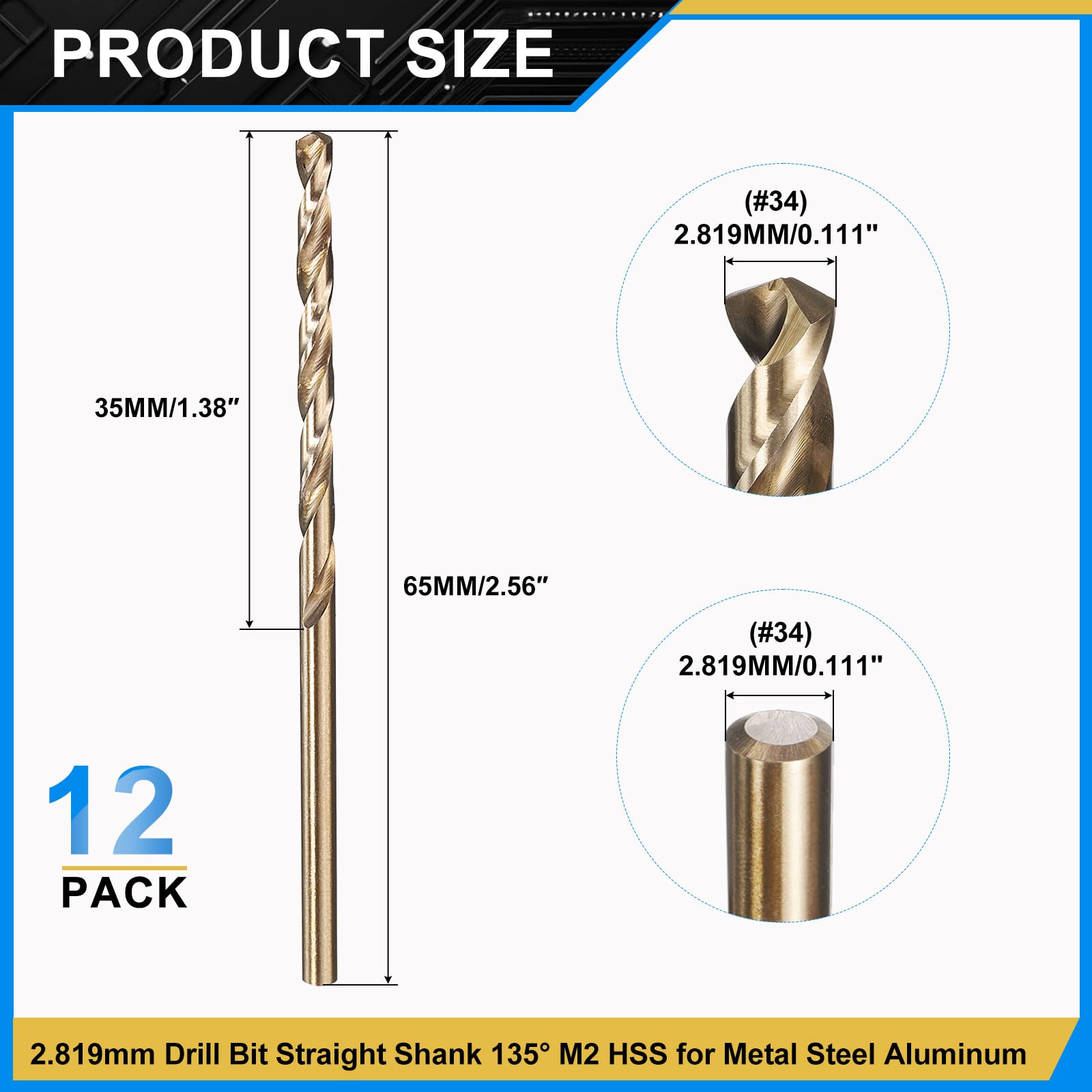 PATIKIL 2.8mm Drill Bit #34, Jobber Straight Shank M2 High-Speed Steel 135° Gold for Stainless Steel Hard Metal - 12 Pack - Image 2