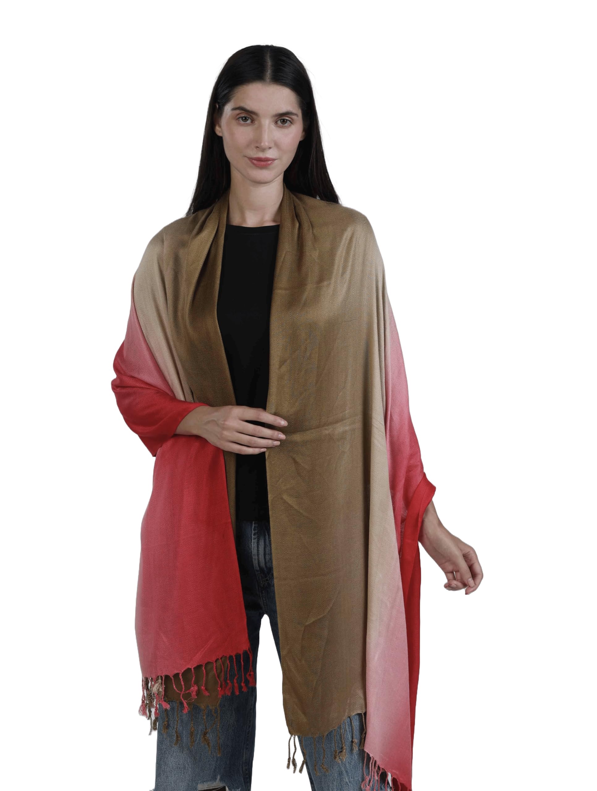 ALLEN & MATE 100% Viscose Ladies Shawl Scarf Wrap Stole – Soft Lightweight Large Size 78 x 27 in (200 x 70 cm) – Elegant Pashmina for Travel, Evening, Wedding & Gifting (Cerise/Khaki Ombre)