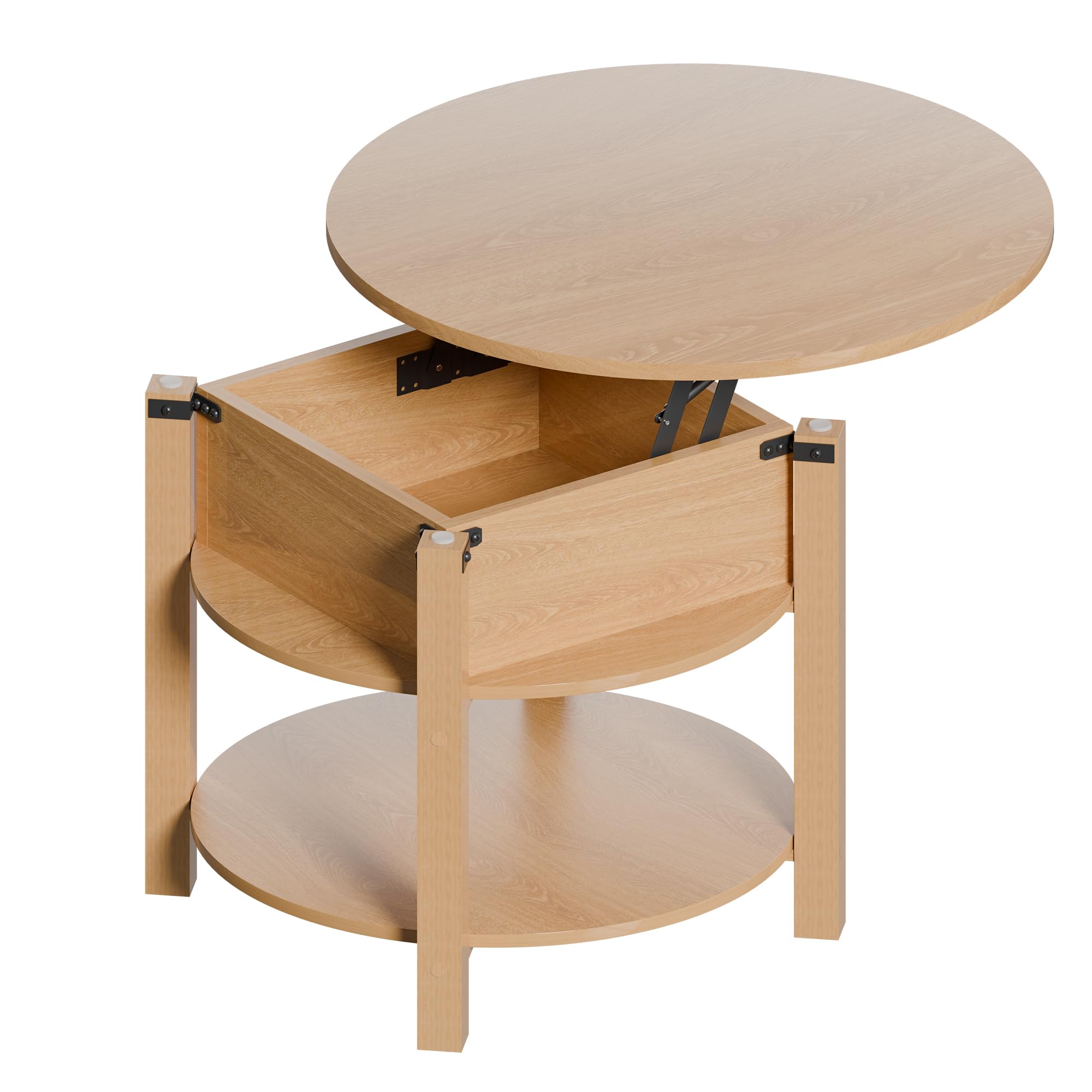 ELUCHANG Couchtisch Rund mit Hebeplatte, Couchtisch Höhenverstellbarer 2 in 1, Beistelltisch Wohnzimmertisch mit Verstecktem Ablagefach Stauraum, Offenem Fach, für Wohnzimmer/Büro, 60x60cm, Eiche