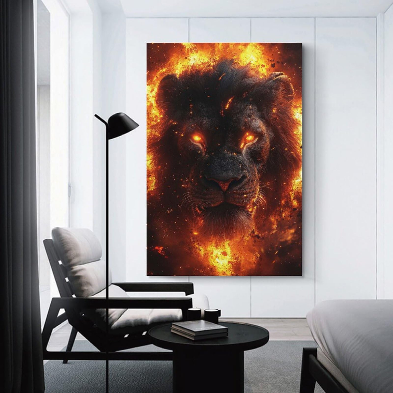 Junmoney Wall Art Print Fiery Lion Portrait, 16x24inch(40x60cm), for Bedrooms, Workspaces And Everyday Interiors, Stylish Home Artwork for Focal Walls