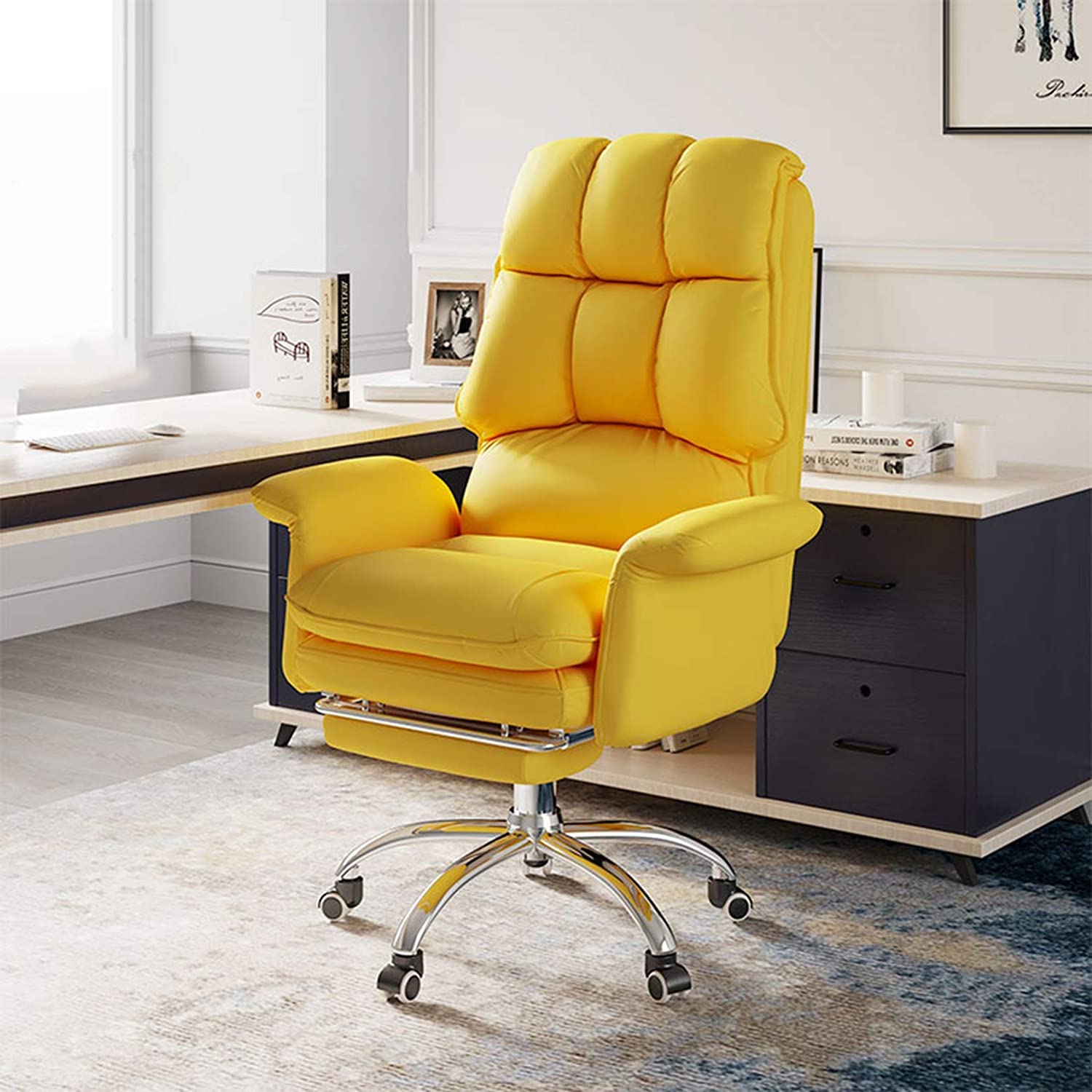 HTTGDGDH Ergonomic Pu Leather Executive Office Chair With High Back, Lumbar Support & Retractable Footrest - Stylish Swivel Computer Chair For Home & Office Comfort,