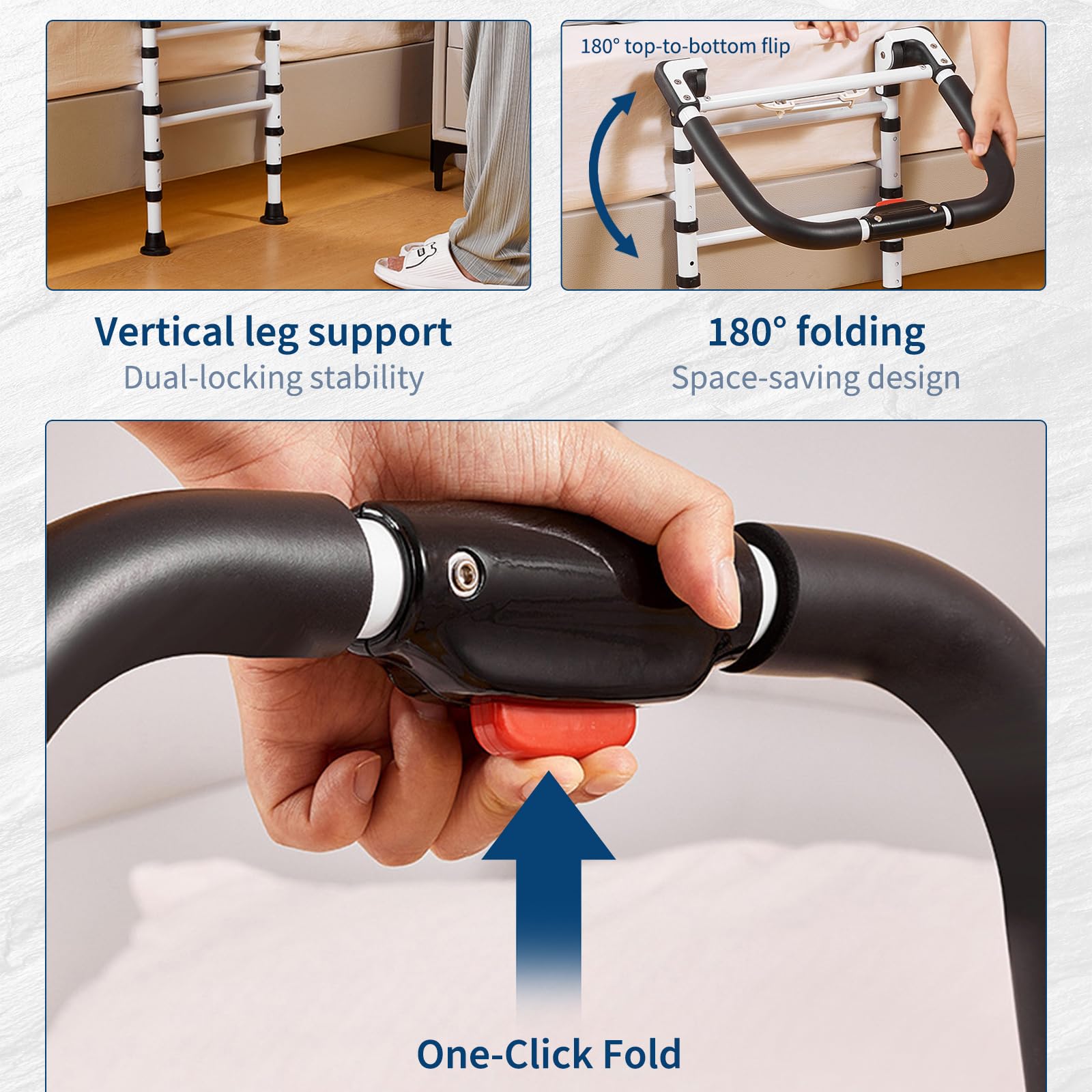 Garvee Barandilla de cama para adultos mayores - Altura ajustable, plegable con patas y apoyo lateral - Estructura de acero resistente, soporta 150 kg - Luz de movimiento con 3 modos, mecanismo de