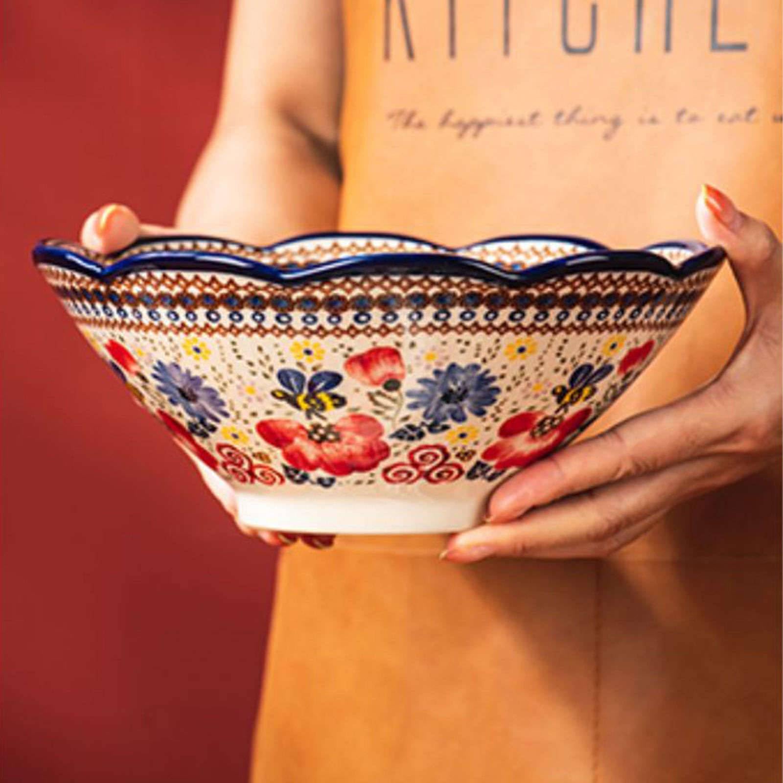 Keramik-Instant-Nudelschüssel, Ramen-Schüssel 2er-Set, Keramik-Ramen-Schüssel, große Suppenschüsseln-Blau und Blumen-8 Zoll(Red)