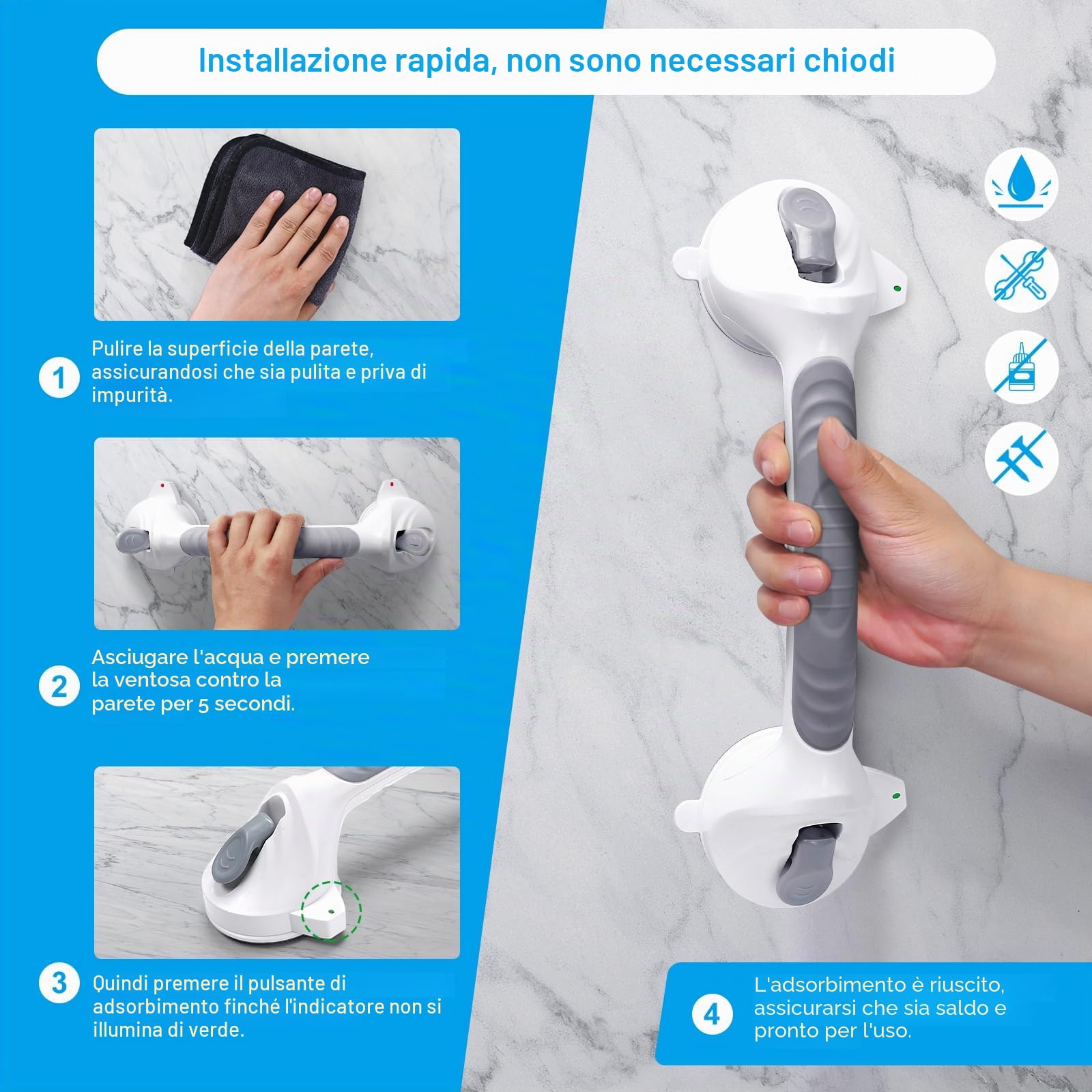 2* maniglie per doccia senza fori, 38 cm, per anziani, con ventosa fino a 110 kg, maniglia per vasca da bagno con allarme di aspirazione, maniglia portatile per doccia scivolo, grigio