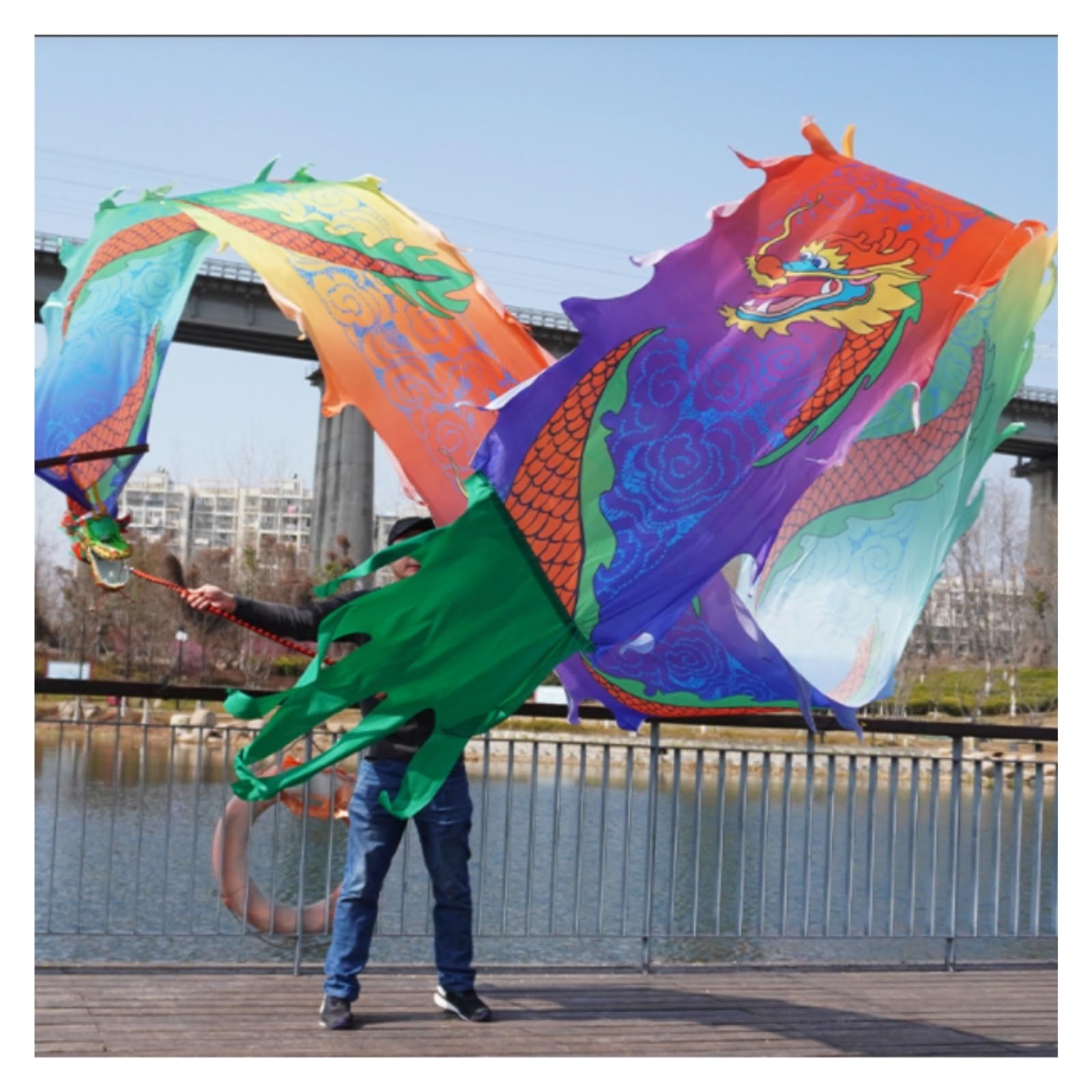 Drago Cinese per Feste Nastro da Danza del Drago in Tessuto di Seta for La con Testa in Fluida Che Agita E Lancia All'aperto Feste Cinesi in Italia(Blue,10 Meters)