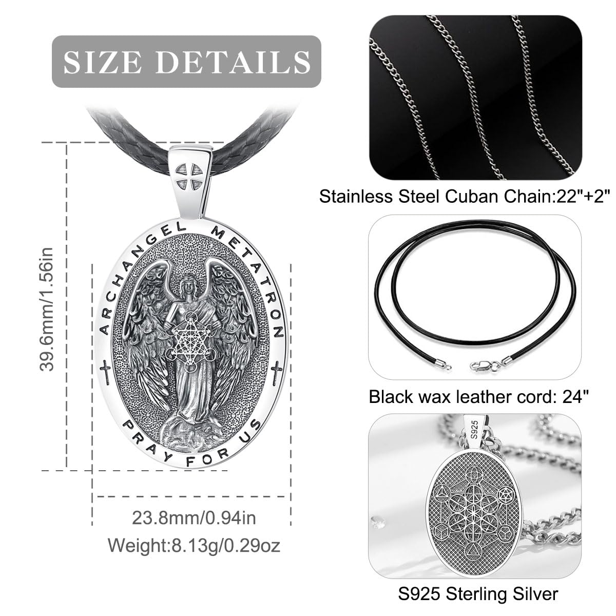 Collar de Arcángel Metatrón para Mujer Hombre Plata de Ley 925, Vintage Amuleto Cubo de Metatrón Colgante Católico Cristiano Joyería Regalo para Padre Madre, 22"+2"
