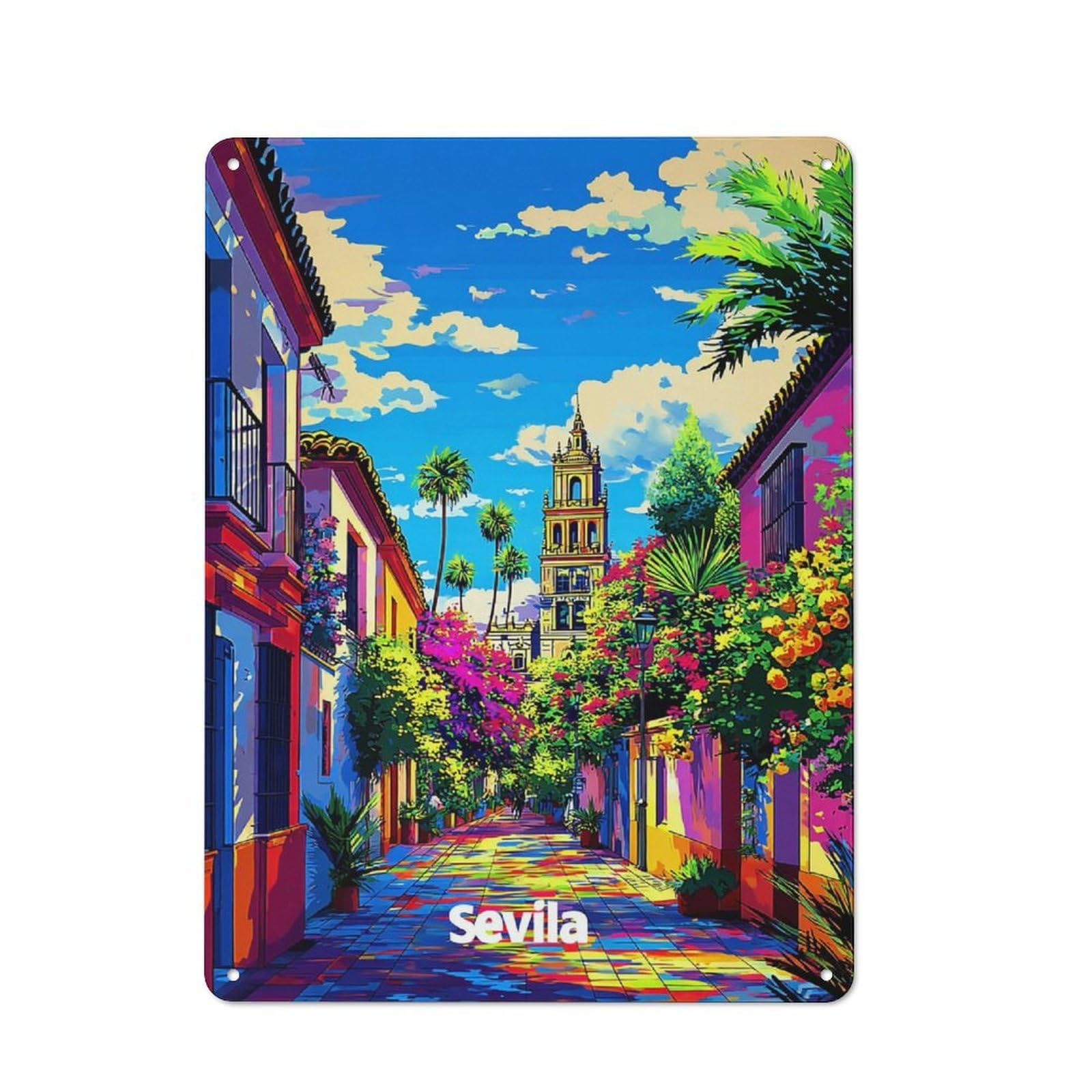 Junmoney Seville's Colorful Streetscape Country Farmhouse Metal Sign 40X30cm, Farmhouse Wall Decor For Dining Room, Cafe, Entryway Or Family Room
