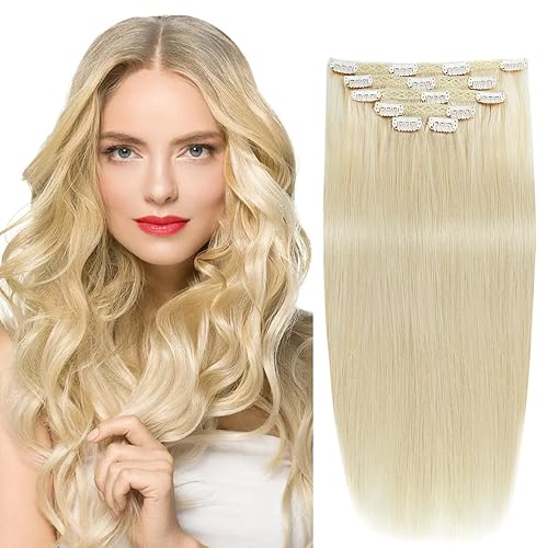 Extensiones de cabello humano Remy con clip de 14 pulgadas, color claro, extensiones de cabello humano rubio con reflejos dorados, grosor de doble