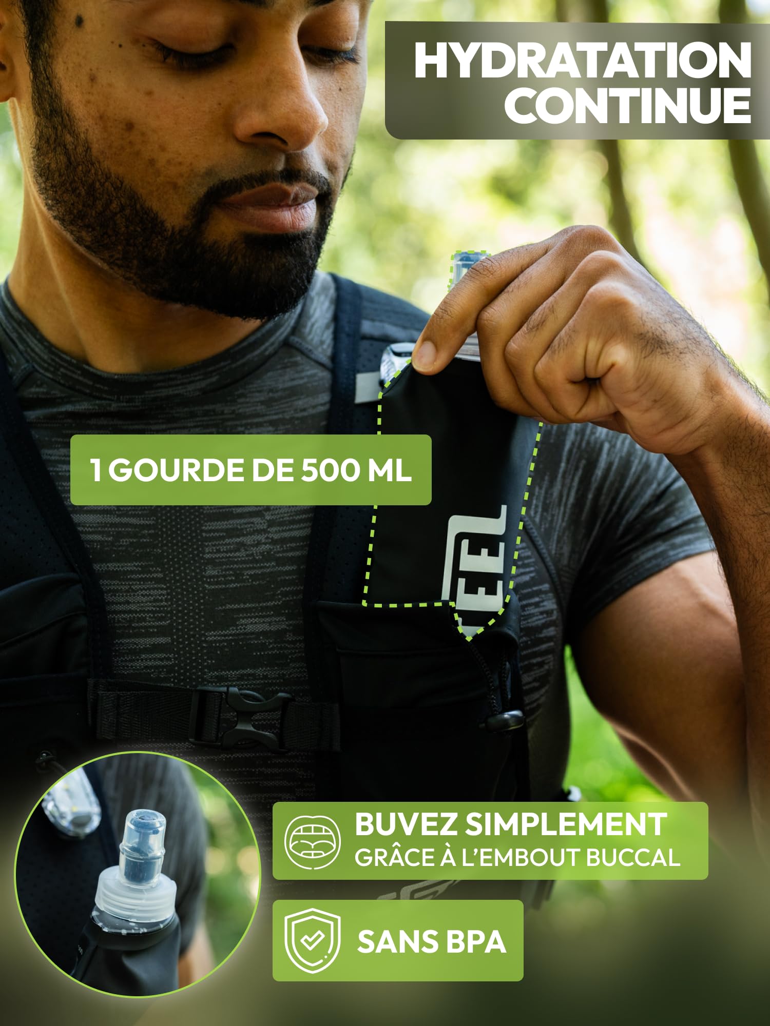 Gilet Running d'hydratation Réfléchissant LED Recheargeable, Porte-Bouteille d'eau, Ajustable, Gilet léger, Gourde d'hydratation de 500 ML pour randonnée, Trail