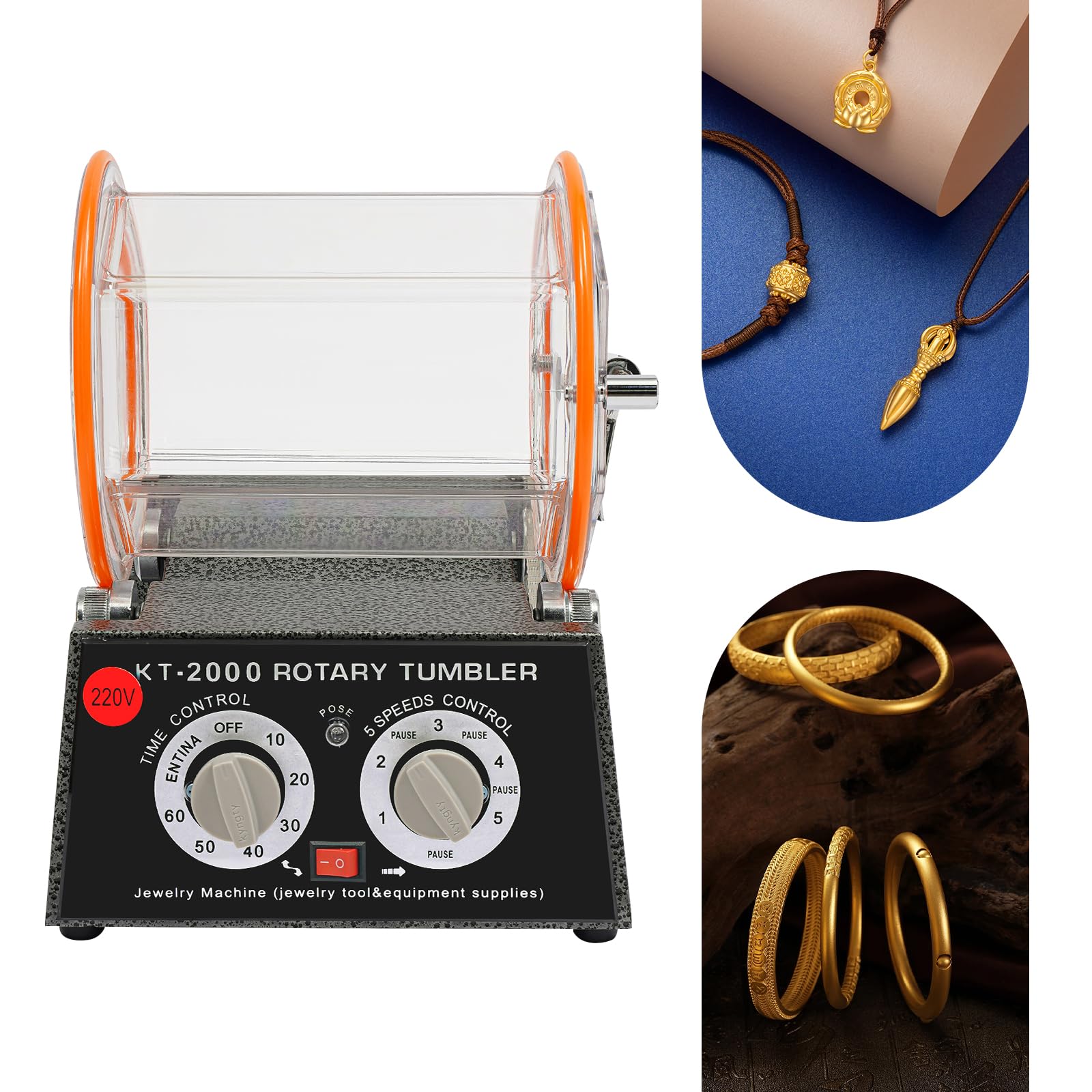 Pulidora pulidora, tambor excéntrico, dispositivo de mesa, joyas, coche, para taller, orfebres, con 150 W de potencia, 500 hasta 3000 rpm, 5 velocidades, temporizador de 60 minutos