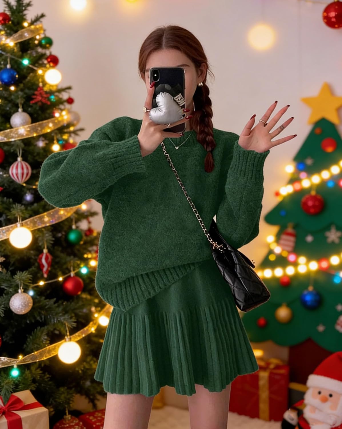 CHARTOU Women Sweater Skirt 2 Pieces Outfits Oversized Pullover Sweater and Pleated Mini Skirt