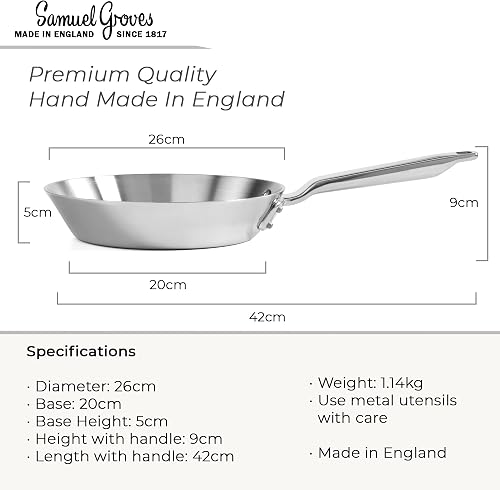 Samuel Groves 26cm Stainless Steel Frying Pan - Tri-Ply Fully Clad, PFAS-Free, Induction, Gas & Oven Safe - Professional Uncoated Skillet - Made in UK Since 1817 - Britain's Oldest Cookware Brand - 2