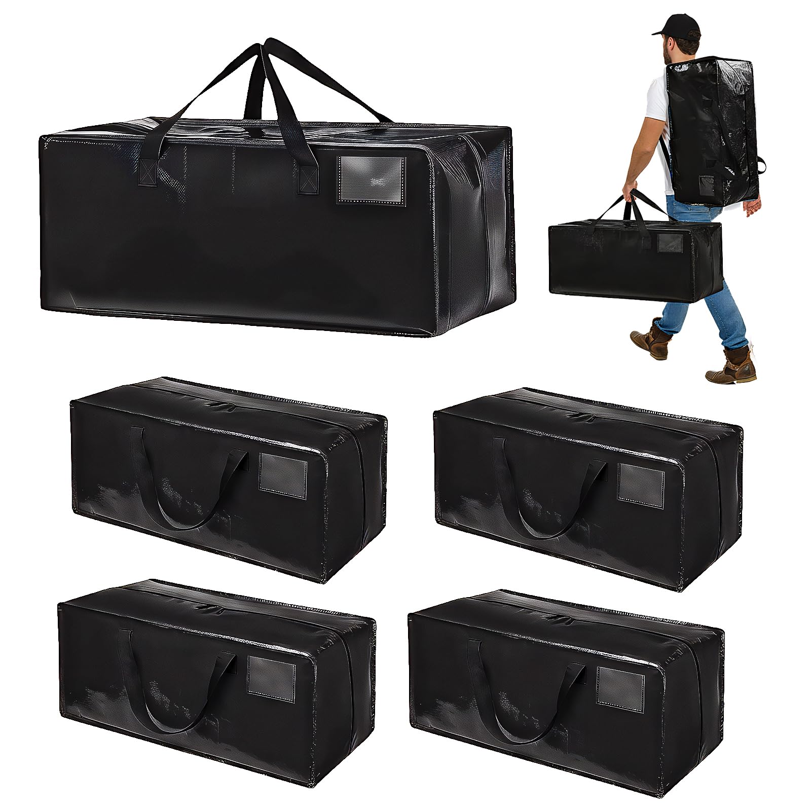 Sac Demenagement Grand Format, 90L Sac de Déménagement avec Sangles de Sac à Dos et Poignées, Robustes Imperméable Pliable, Sac Rangement pour Vêtements, Linge de Lit (Noir, Lot de 4)