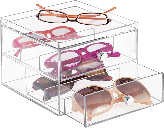 mDesign Stackable Eyeglass Organizer Holder for Sunglasses, Eyeglasses, Reading Glasses - 2 Divided Drawers, Clear