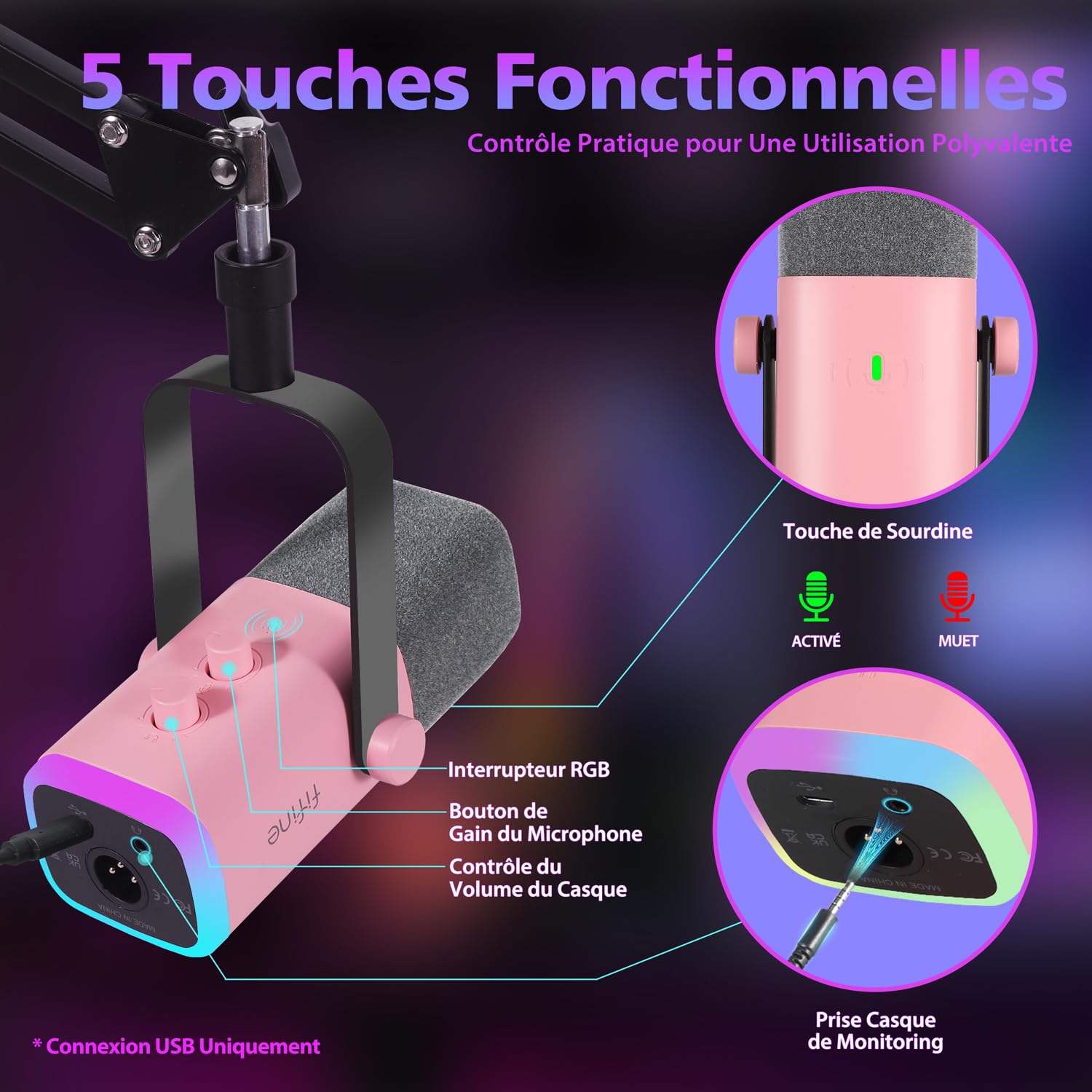 FIFINE USB/XLR Streaming Micro Gaming pour PC PS4 PS5, RGB Cardioïde Dynamique Microphone avec Support, pour Mixer Cartes Son, pour Gaming, Podcasting, Broadcasting, Enregistrement Vocal - Rose