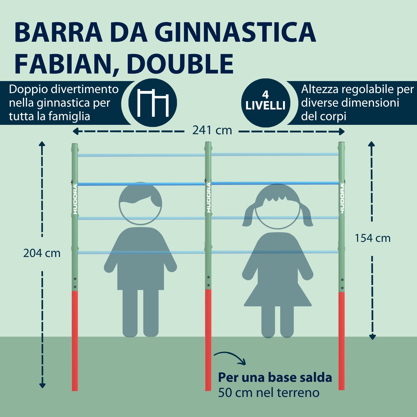 HUDORA Sbarra per trazioni Fabian Standard - Sbarra doppia per bambini e adulti - Sbarra da ginnastica regolabile su 4 altezze - Sbarra fitness robusta da esterno fino a 100kg - mint