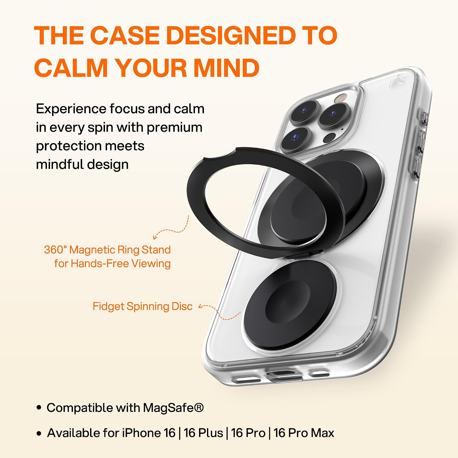 STM Roll Spin MagSafe® Case for iPhone 16 Pro - Designed to Calm Your Mind- Fidget Spinning Disc- Impact Absorbing TPU for Enhanced Drop Protection - Magnetic Ring 360° Kickstand - Clear/Black