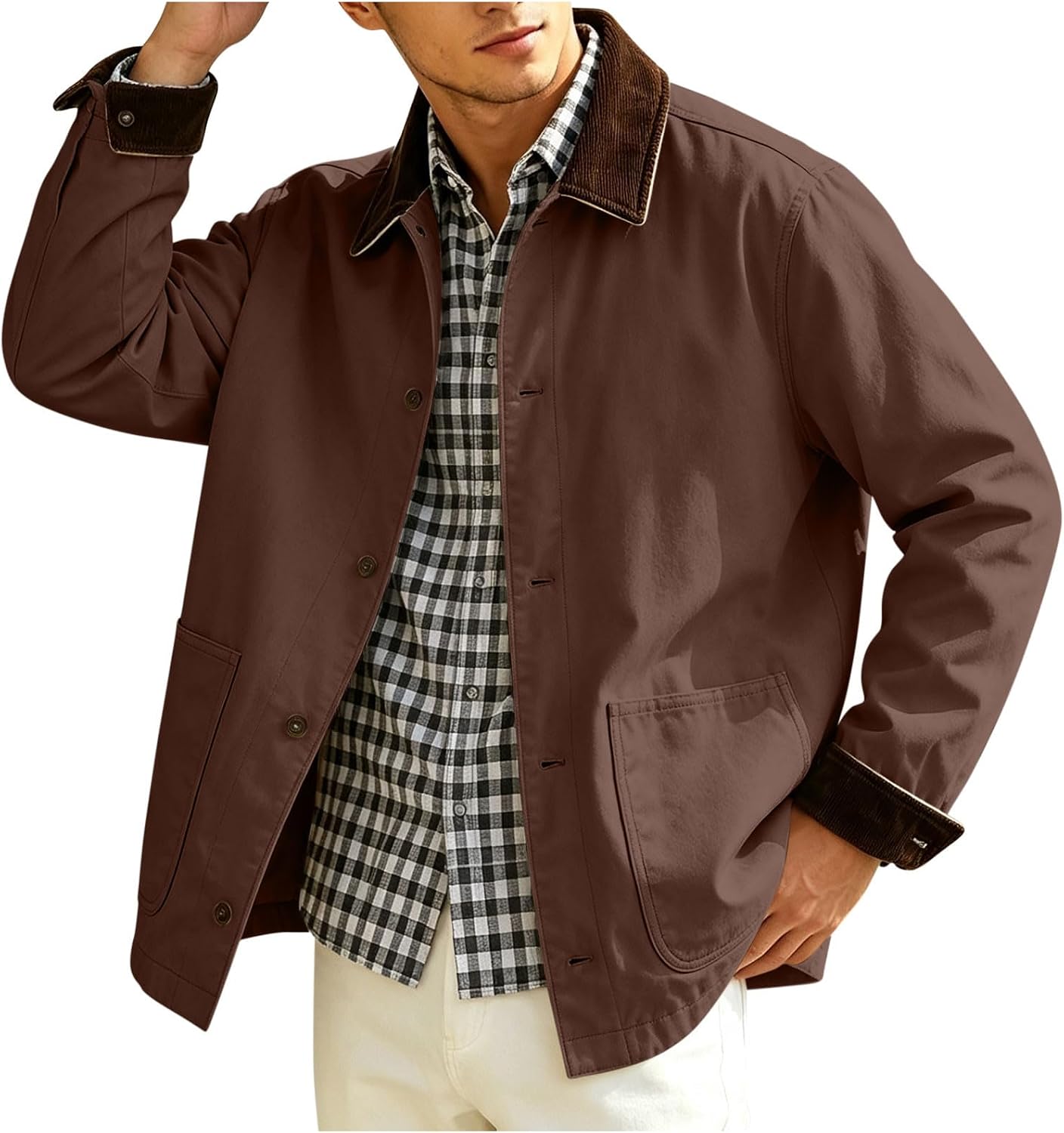Mens Chore Jacket Button Front Workwear Coat with Corduroy Collar