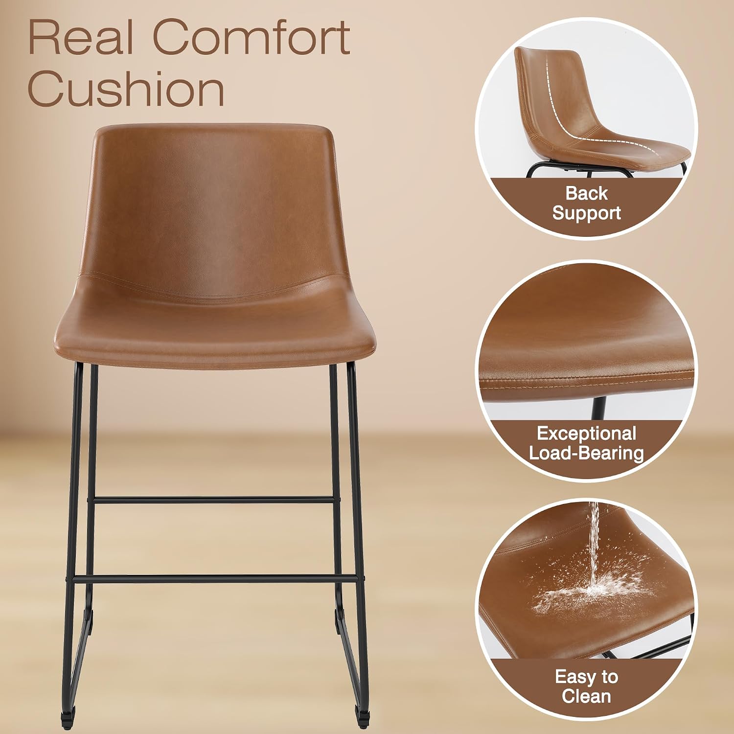 LSSBOUGHT Bar Stool, Modern Counter Height Barstools, PU Leather Bar Stool with Metal Legs and Footrest, Armless Counter Chairs with Back for Kitchen Island (Brown-26in Counter Height Barstools, 3PCS)