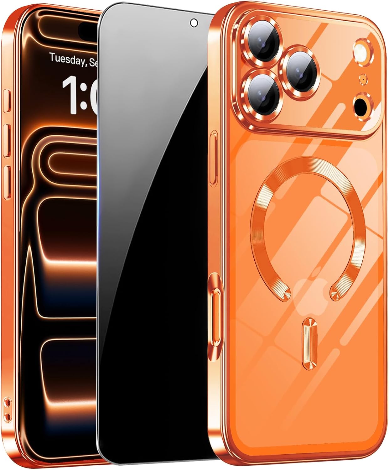 ZOZDOKG Magnetic iPhone 17 Pro Max Case Orange: MagSafe Clear Shockproof with Privacy Screen Protector & Camera Cover