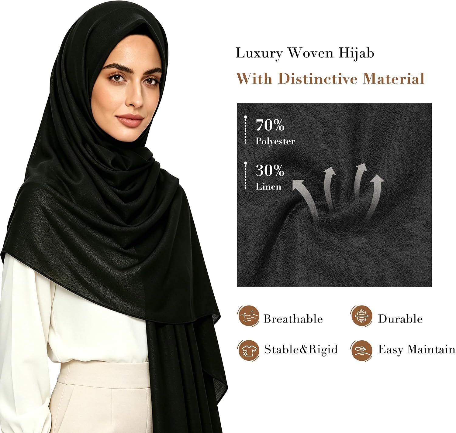 Black Muslim Hijab for Women, 70% Polyester 30% Linen Headscarf, 72.83" x 31.5" Breathable Modest Shawl Wrap for Daily Ramadan