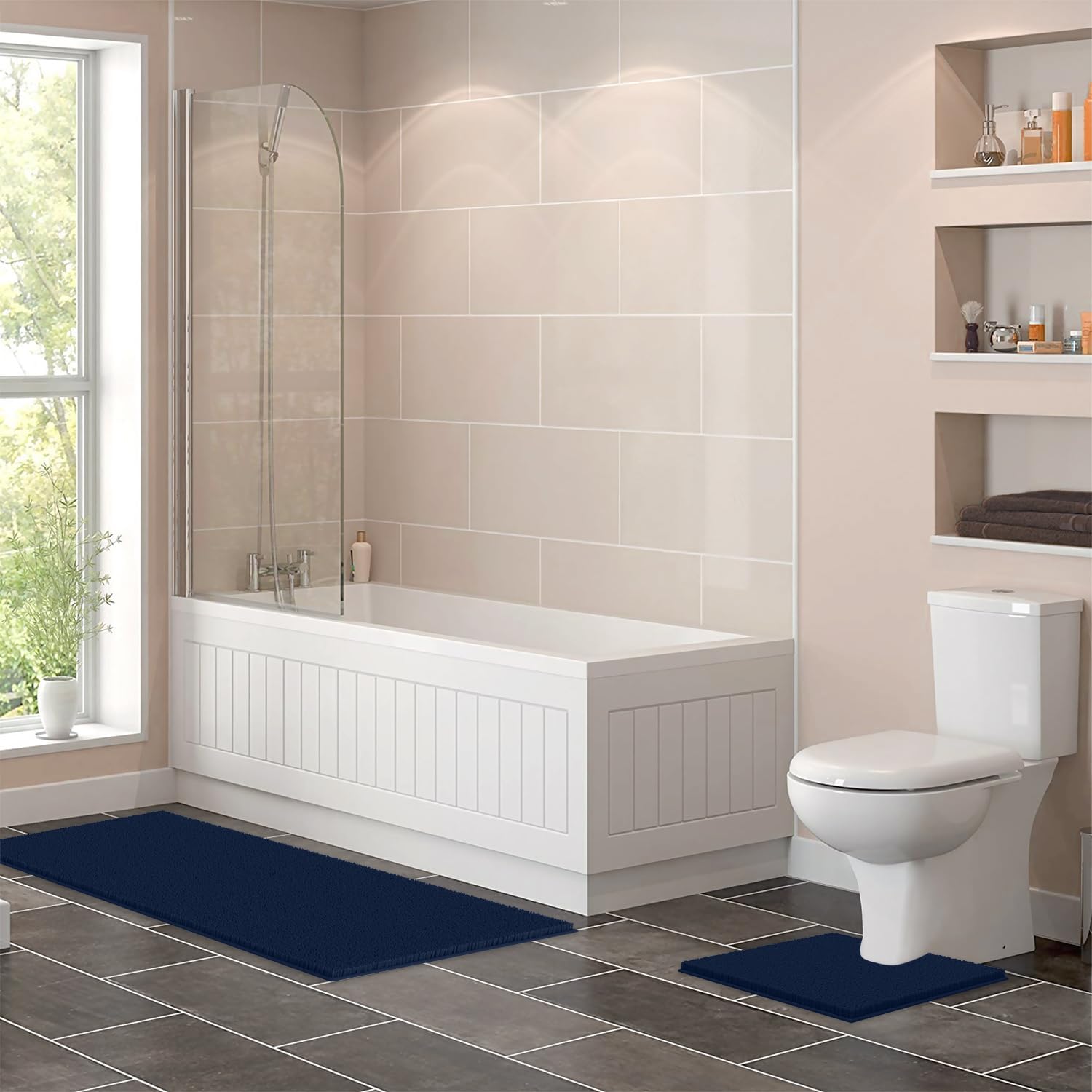 luxurux 2-piece bathroom rug set – plush chenille runner & u-shaped toilet mat, soft, absorbent & non-slip design (20x20 u & 27x47 inches, navy) u shape 20'' x 20'' + 27'' x 47'' navy