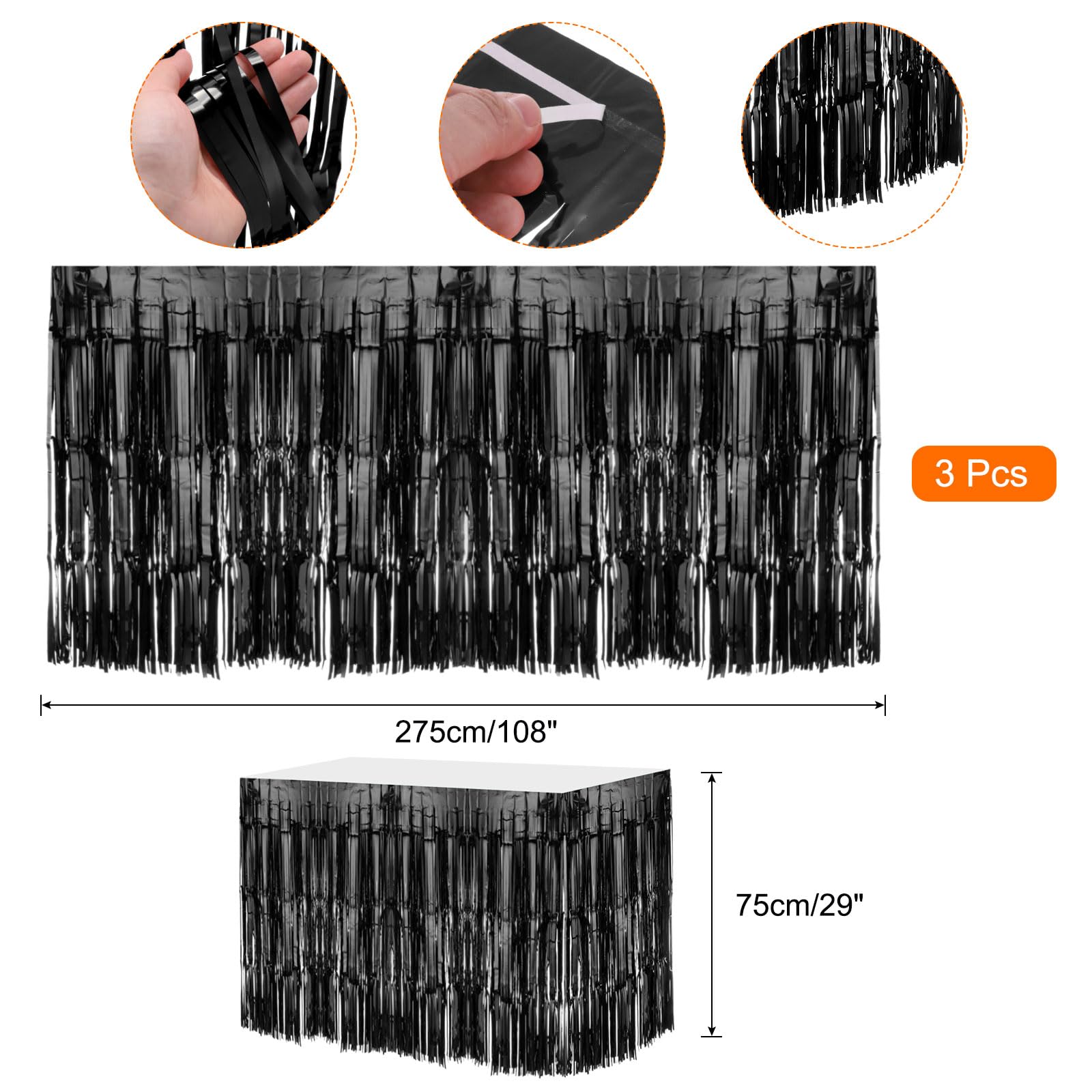 QUARKZMAN 3 Pz 29x108 Pollici Gonne Tavolo Orpelli Frange Lamina Nera Frangia Tinsel per Tavoli Rettangolari Tende Sfondo Orpelli per Decorazione Nozze, Feste Compleanno